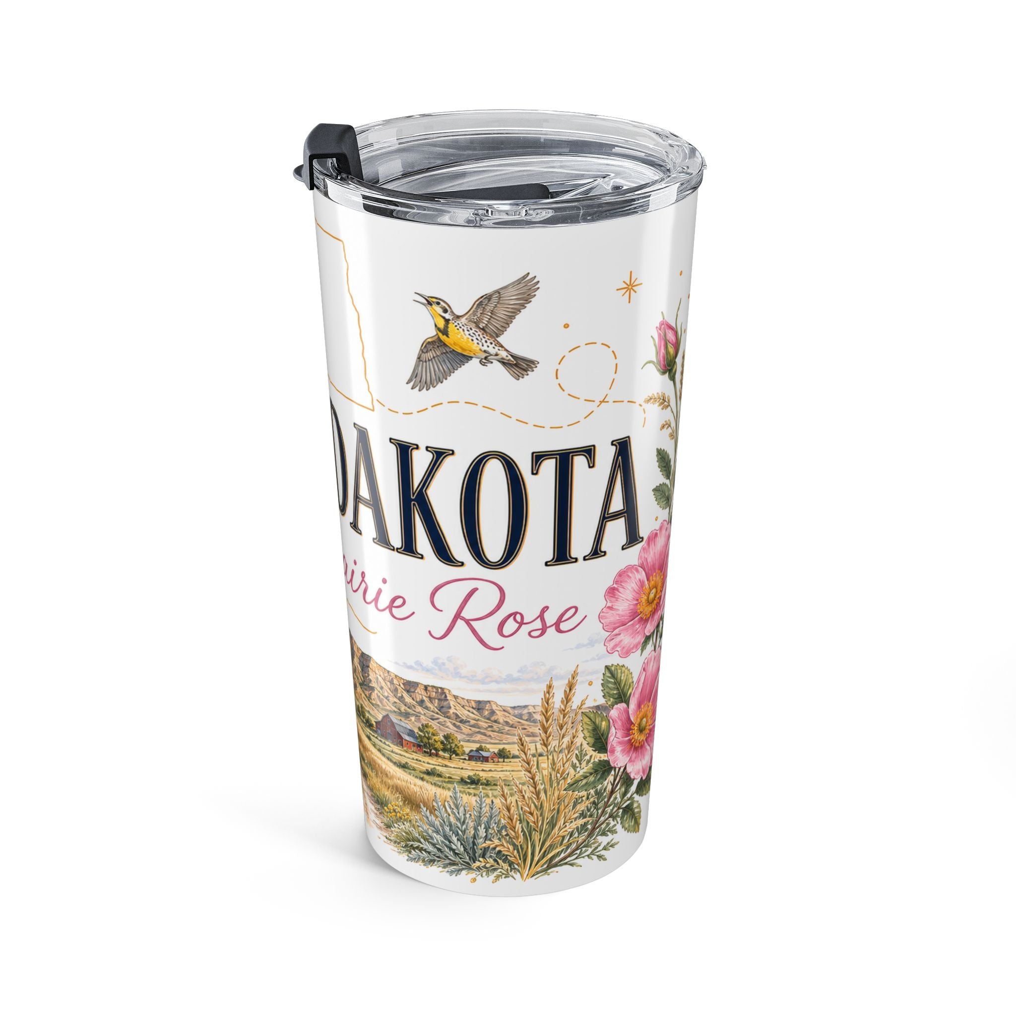 North Dakota State Flower 20oz Tumbler | Wild Prairie Rose Botanical State Flower Gift | Insulated Stainless Steel Travel Cup