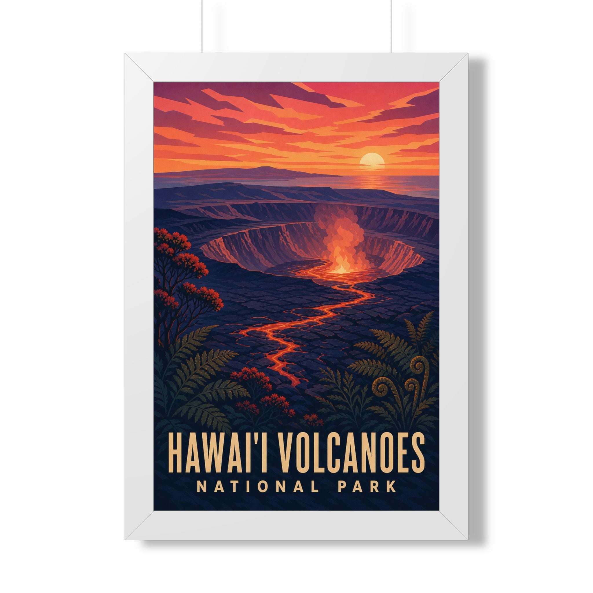 Hawaii Volcanoes National Park Framed Poster | Vintage Travel Wall Art | Black Walnut White Frame | 16x24 20x30