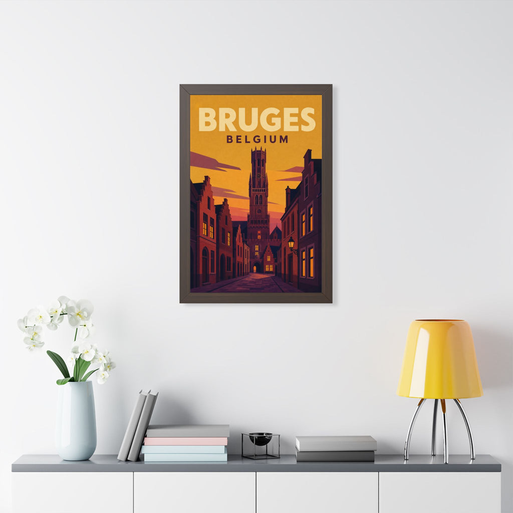 Bruges Belgium Framed Poster | Vintage Travel Wall Art | Black Walnut White Frame | 16x24 20x30