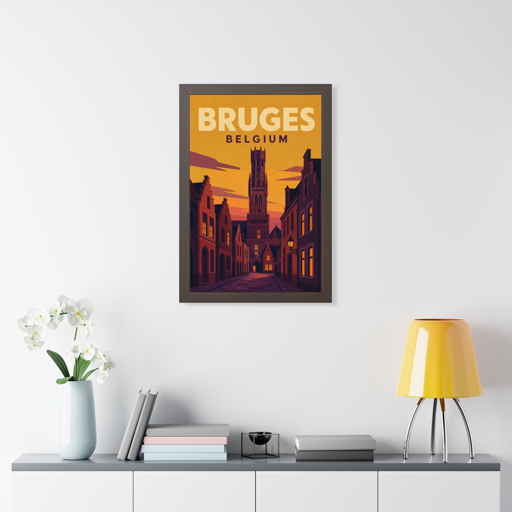 Bruges Belgium Framed Poster | Vintage Travel Wall Art | Black Walnut White Frame | 16x24 20x30