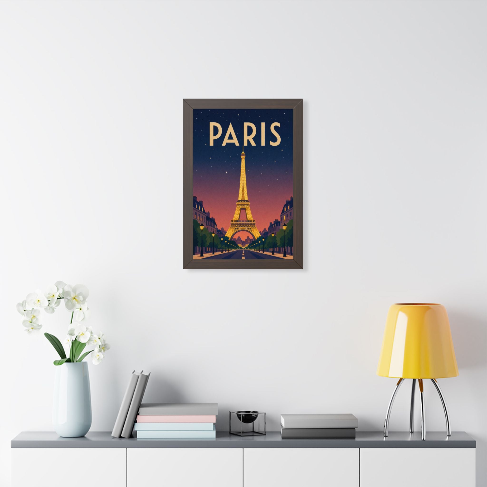 Paris at Night France Framed Poster | Vintage Travel Wall Art | Black Walnut White Frame | 16x24 20x30
