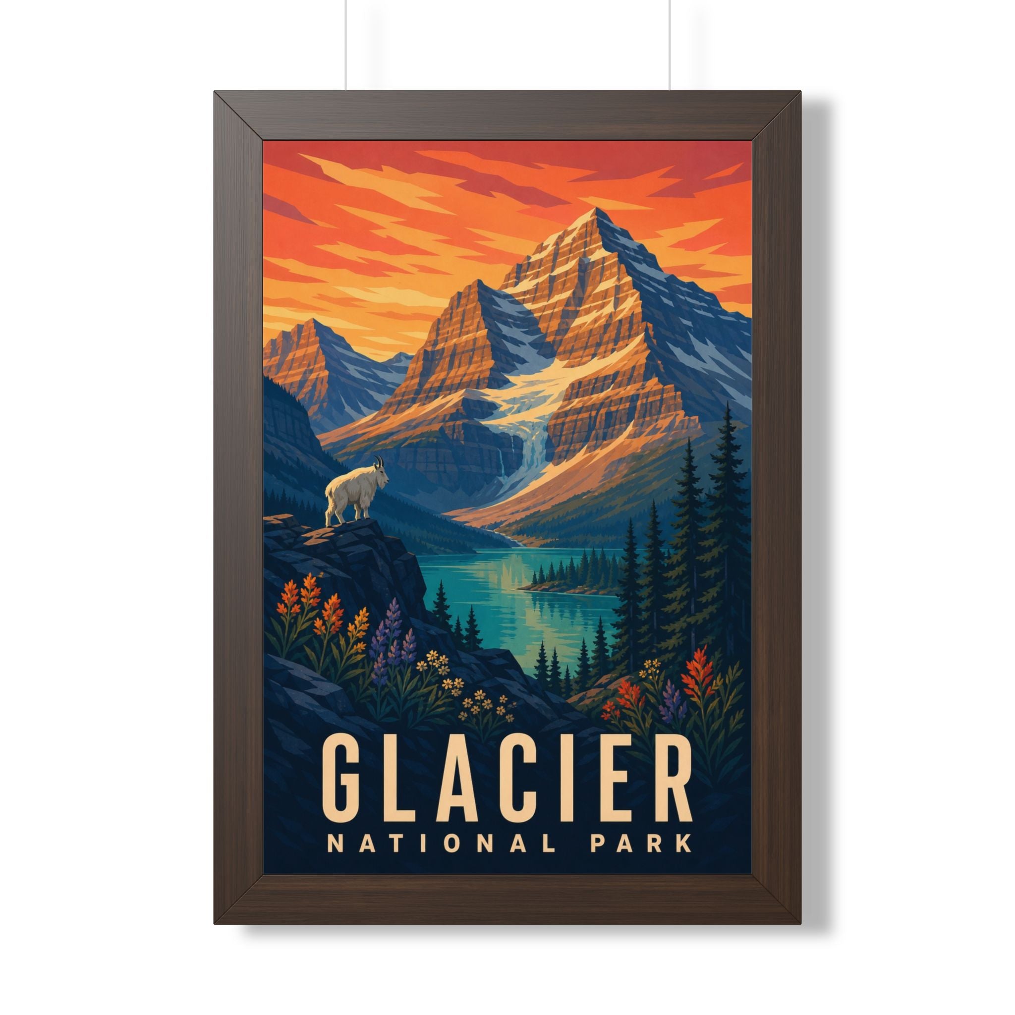 Glacier National Park Framed Poster | Vintage Travel Wall Art | Black Walnut White Frame | 16x24 20x30