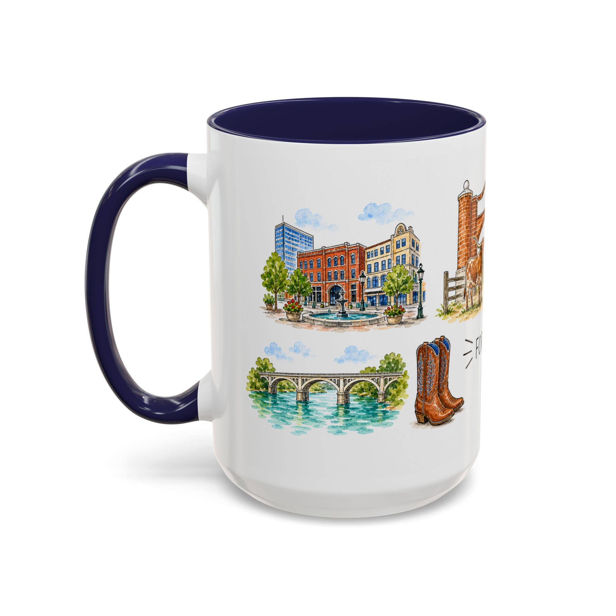 Fort Worth Illustrated Travel Mug | City Souvenir Accent Coffee Mug | 11oz 15oz Ceramic Cup