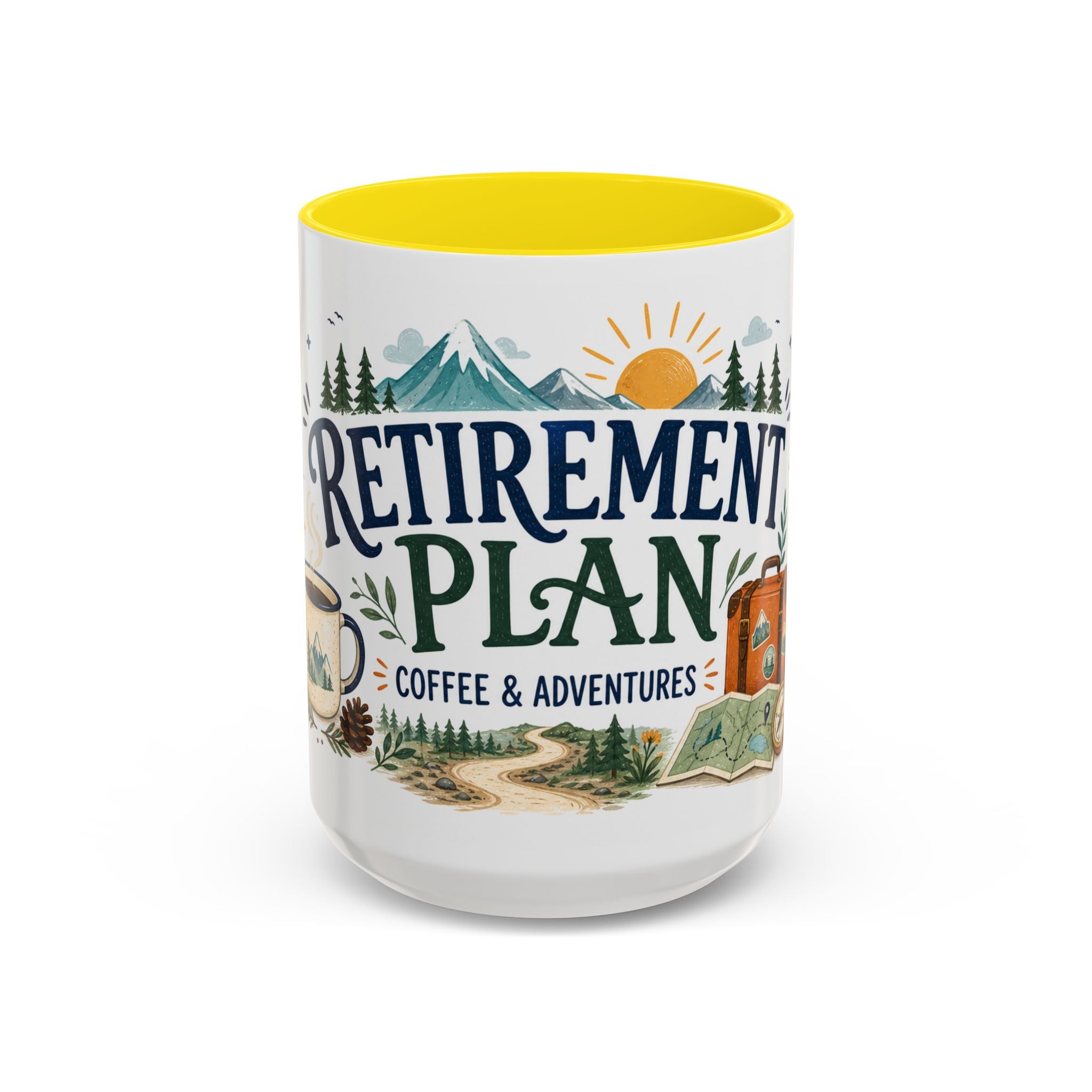 Retirement Plan Coffee And Adventures Mug | Travel Retirement Gift | Accent Color Ceramic 11oz 15oz