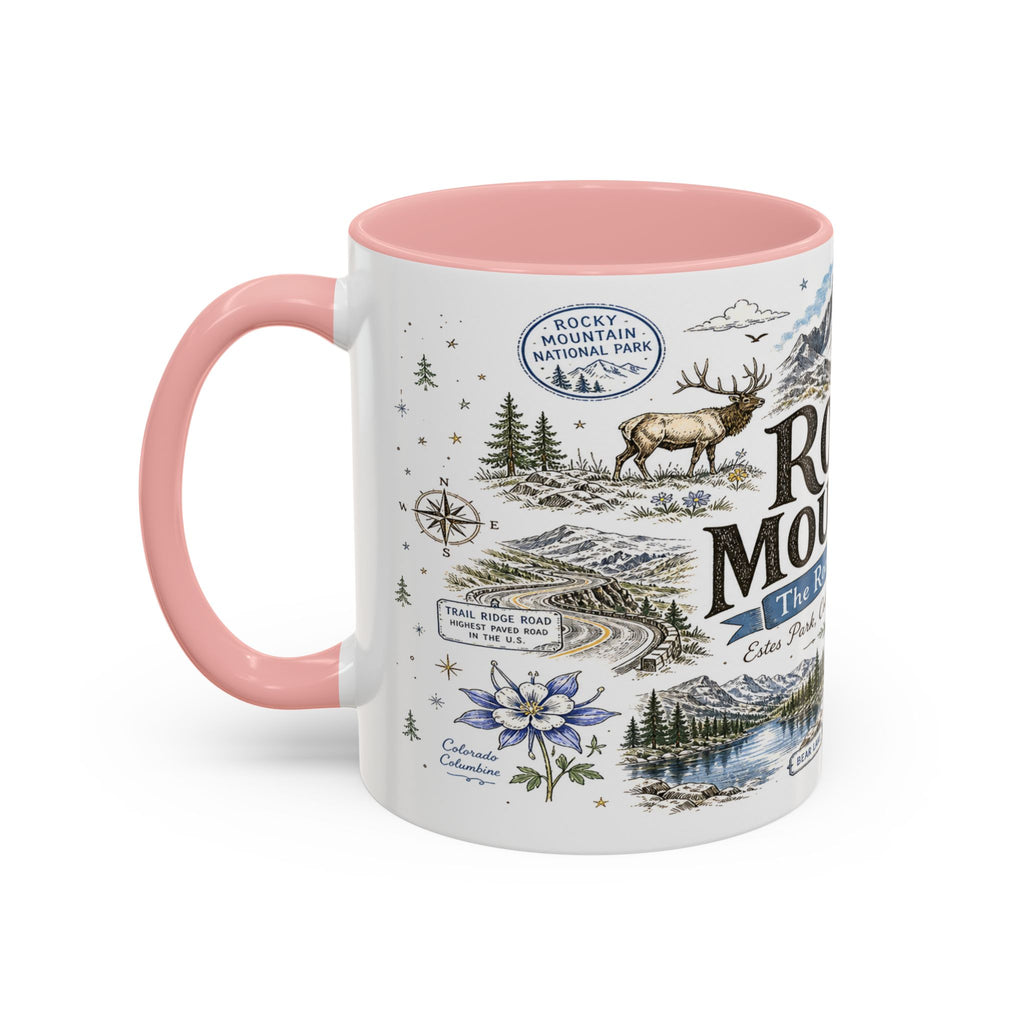Rocky Mountain Coffee Mug | National Park Hiking Camping Gift | Accent Color Ceramic 11oz 15oz