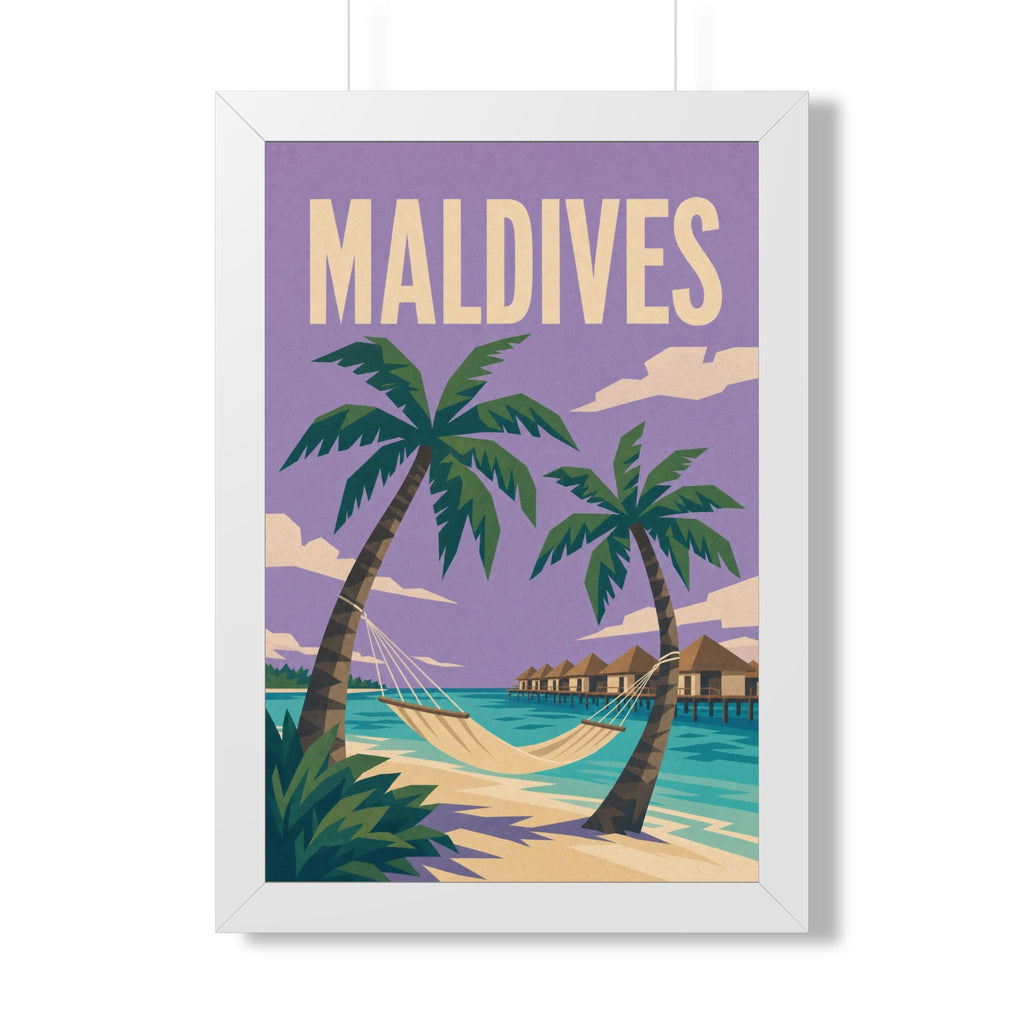 Maldives Beach Maldives Framed Poster | Vintage Travel Wall Art | Black Walnut White Frame | 16x24 20x30
