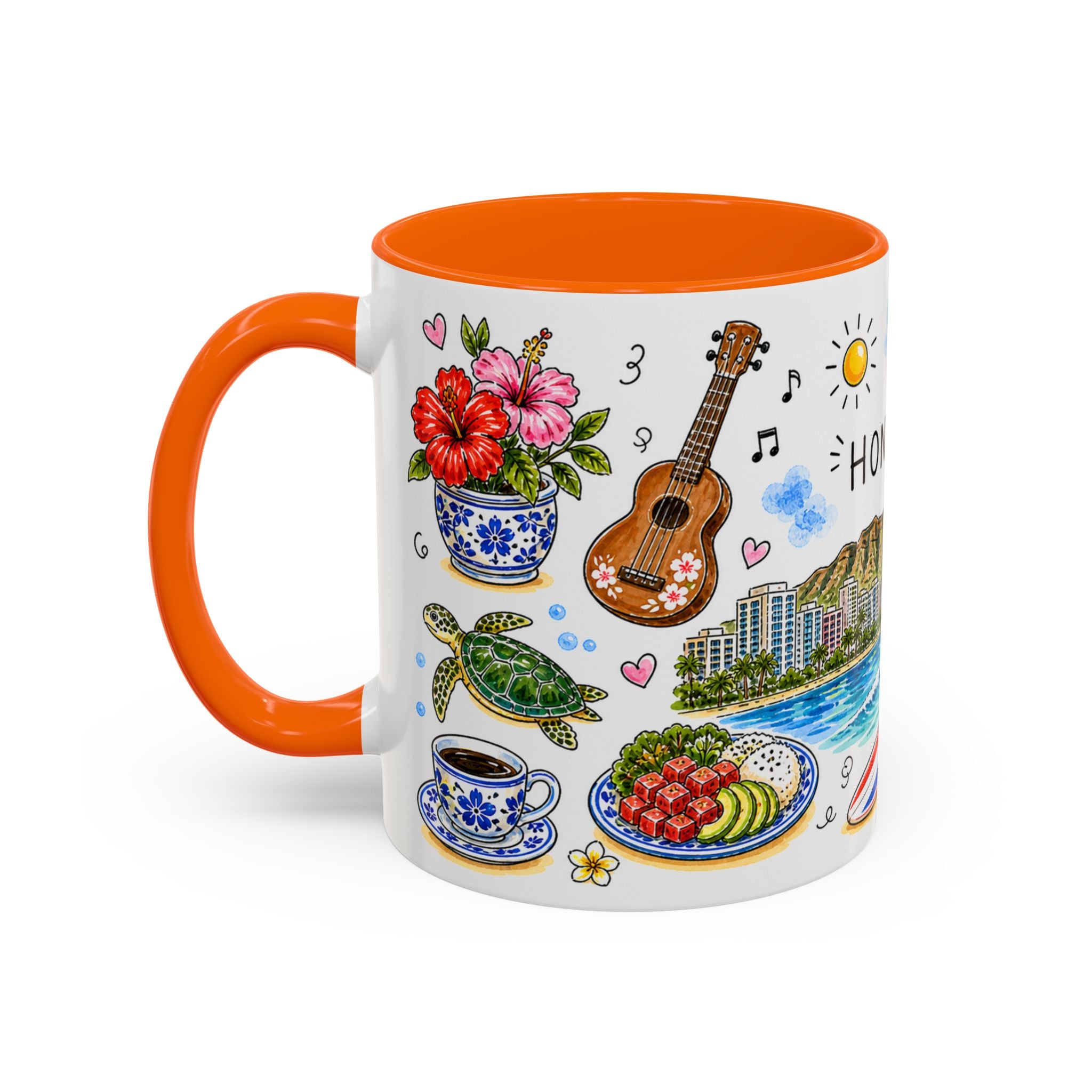 Honolulu Illustrated Travel Mug | City Souvenir Accent Coffee Mug | 11oz 15oz Ceramic Cup
