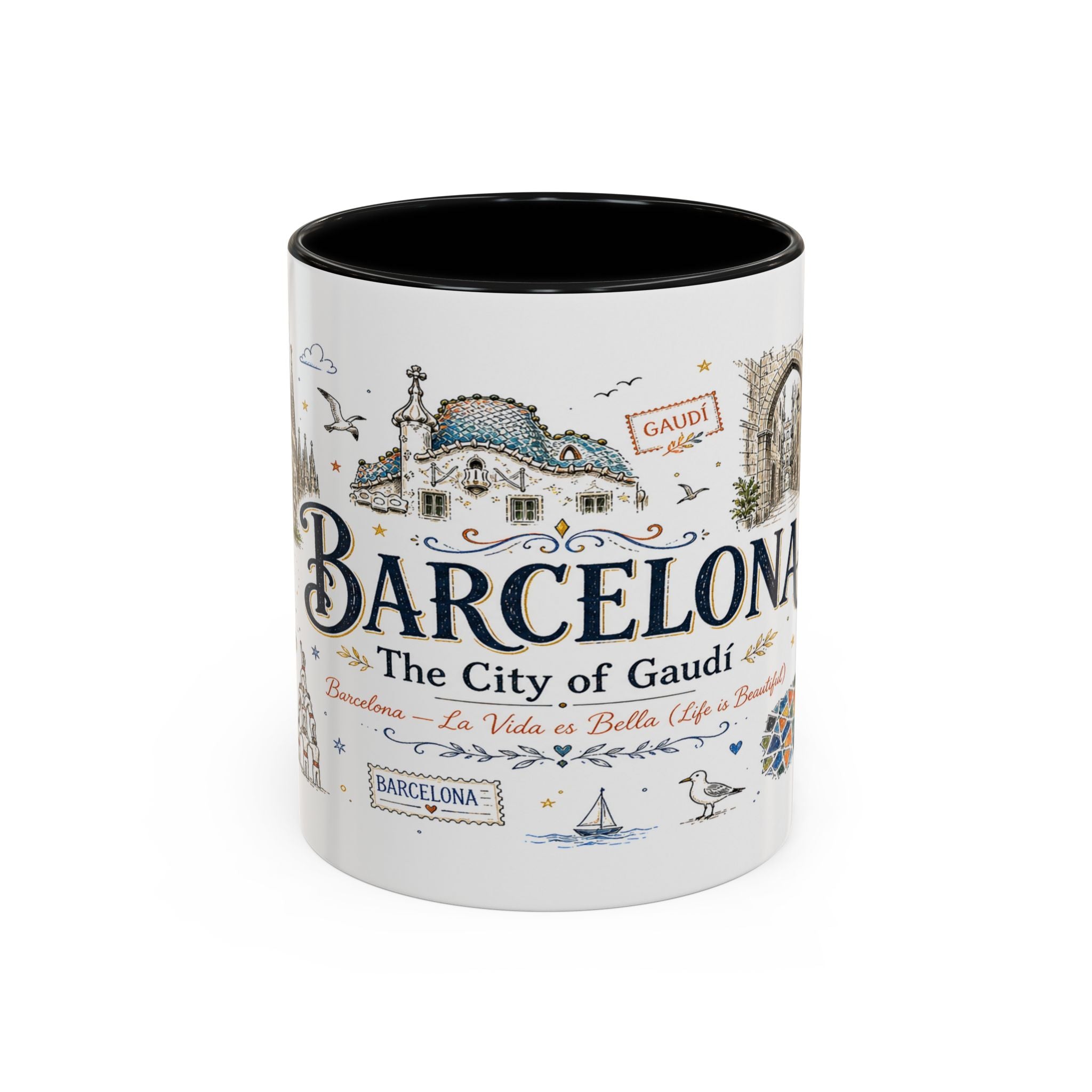 Barcelona Coffee Mug | Spain Souvenir Travel Gift | Accent Color Ceramic 11oz 15oz