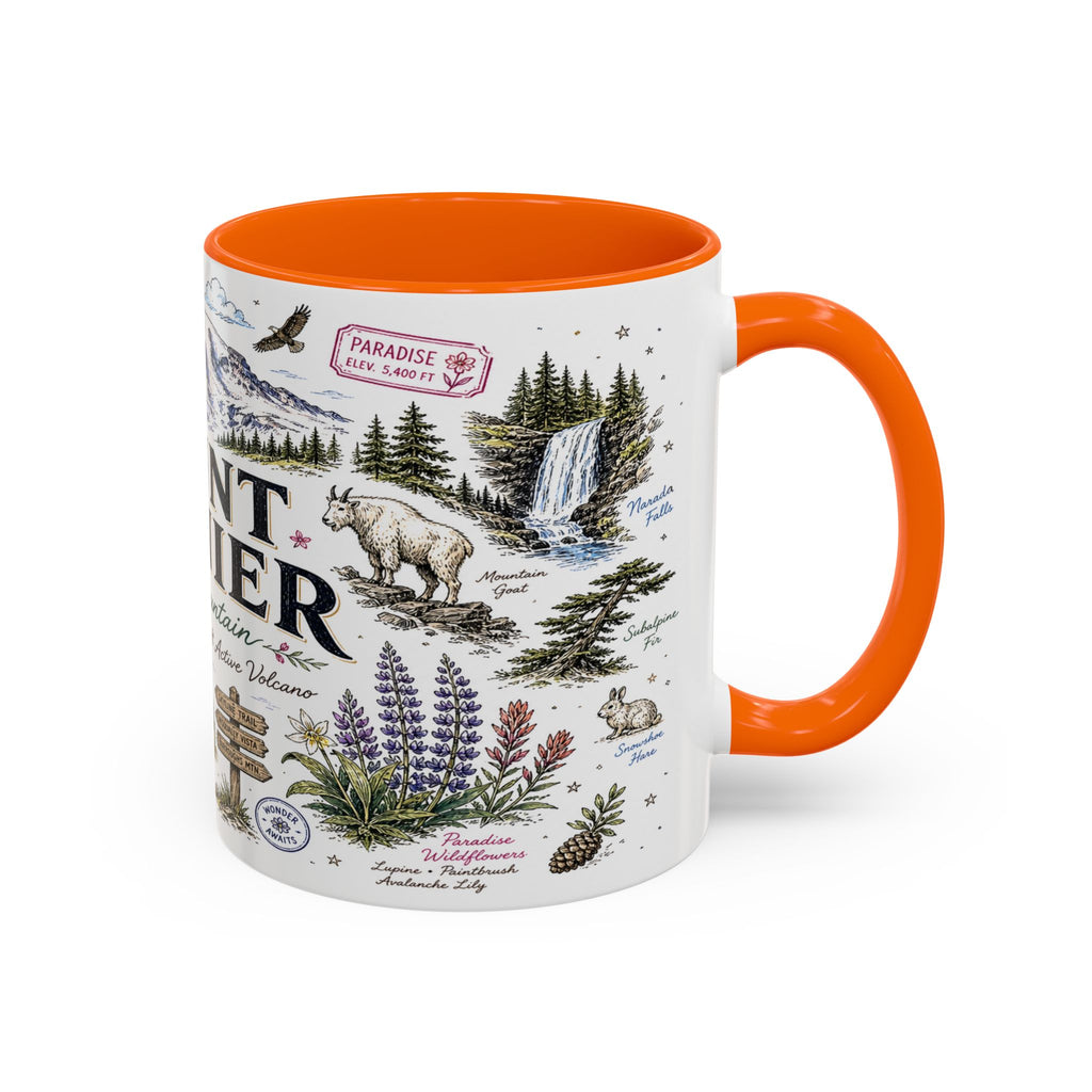 Mount Rainier Coffee Mug | National Park Hiking Washington Gift | Accent Color Ceramic 11oz 15oz