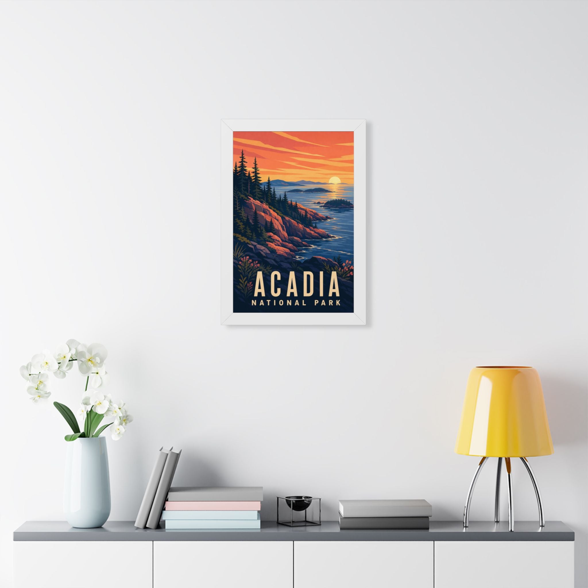 Acadia National Park Framed Poster | Vintage Travel Wall Art | Black Walnut White Frame | 16x24 20x30