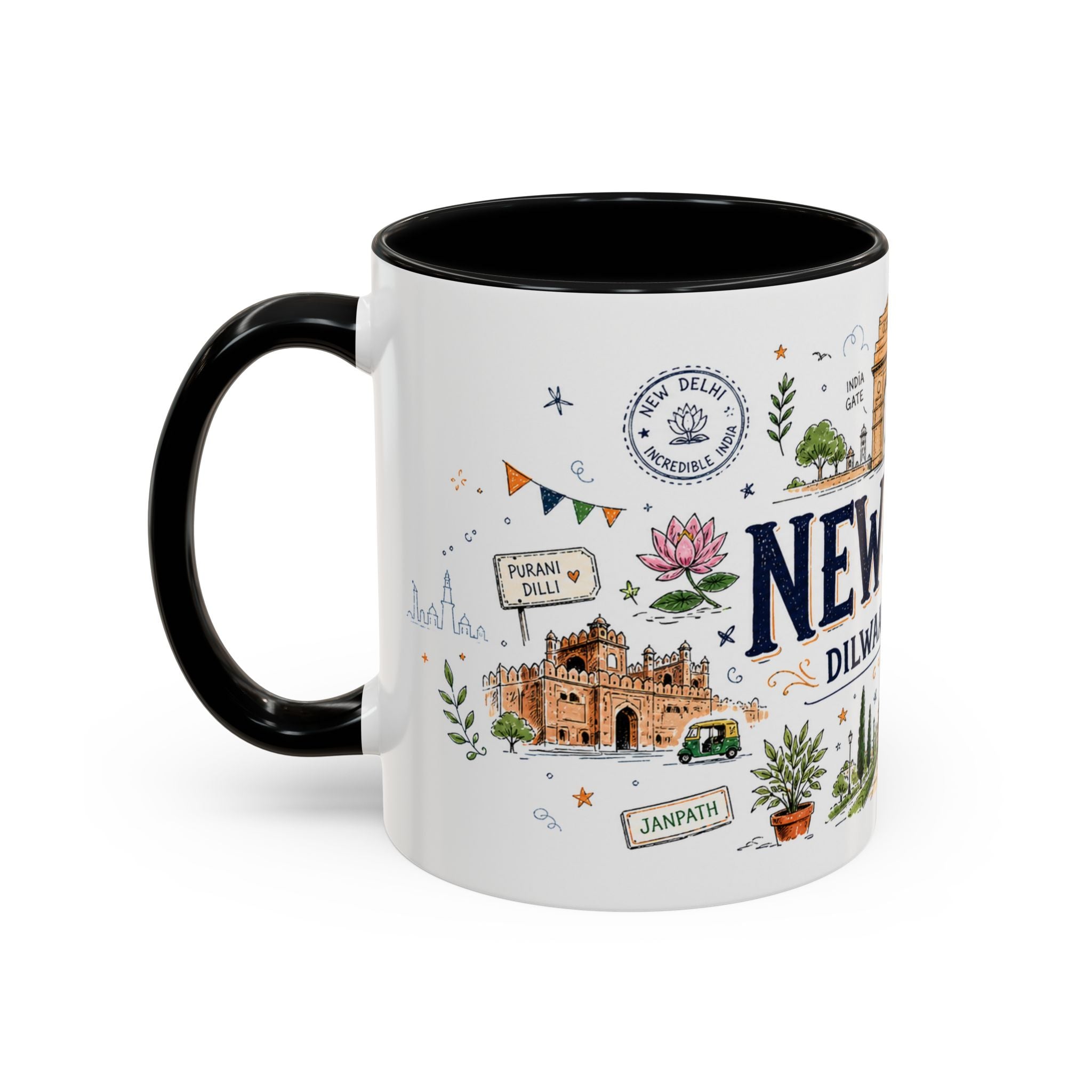 New Delhi Coffee Mug | India Souvenir Travel Gift | Accent Color Ceramic 11oz 15oz