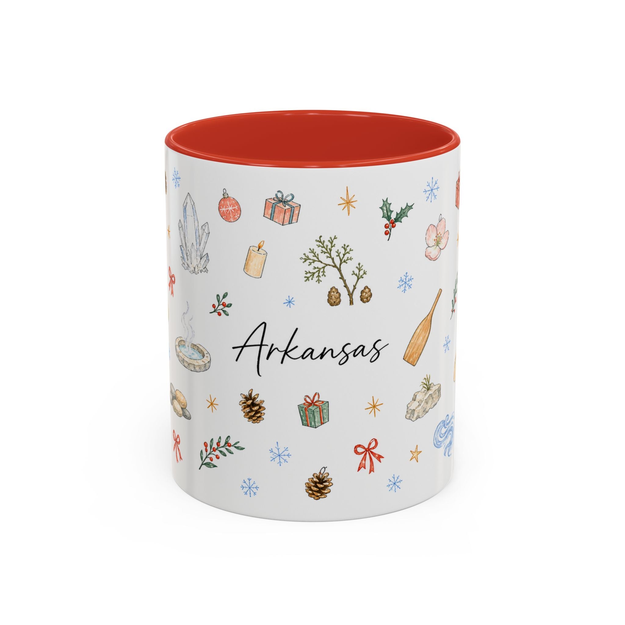 Arkansas Christmas Mug | Watercolor Travel Souvenir | Holiday Gift | Accent Ceramic Coffee Cup 11oz 15oz