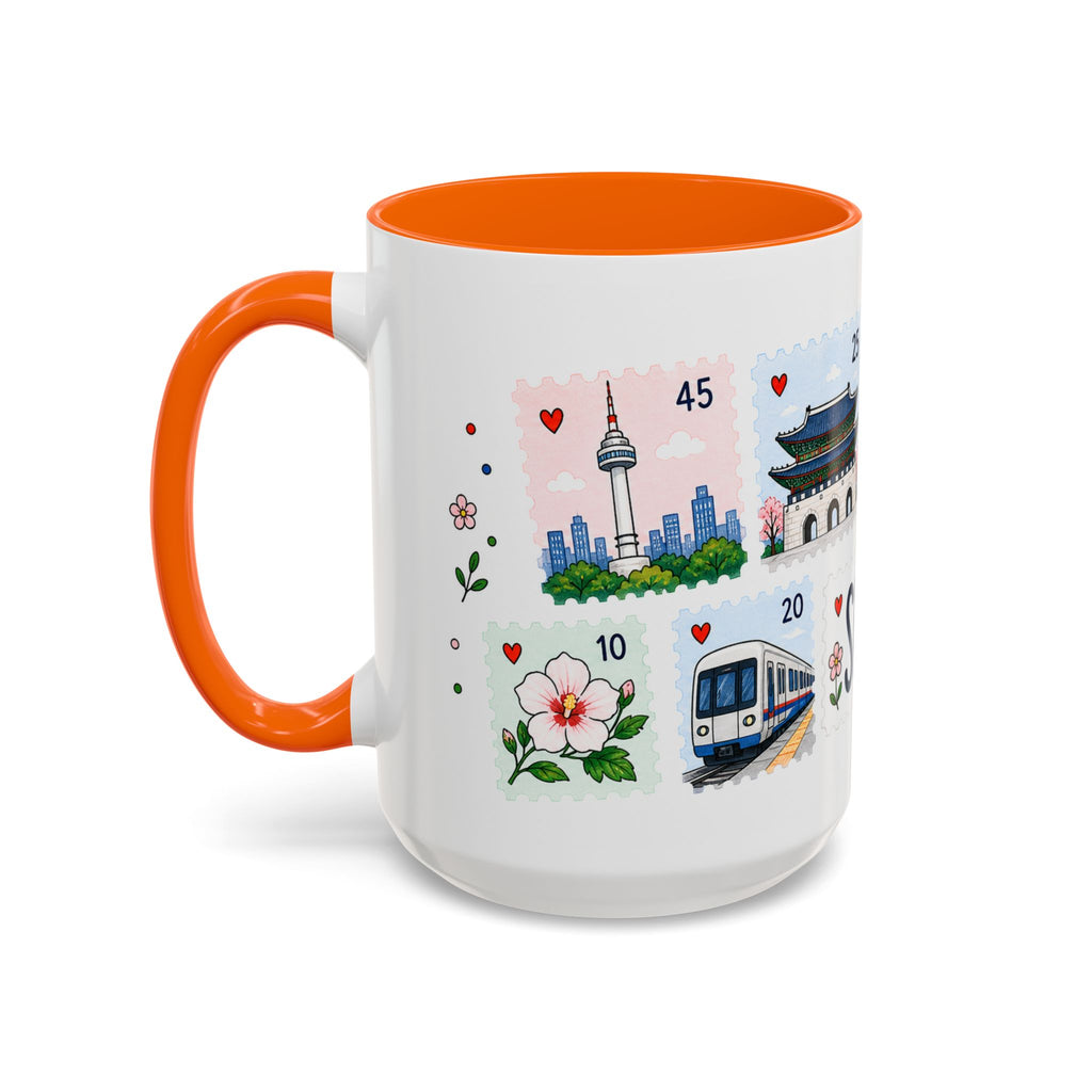 Seoul Coffee Mug | Postage Stamp Collage Mug | Travel Souvenir Accent Cup 11oz 15oz