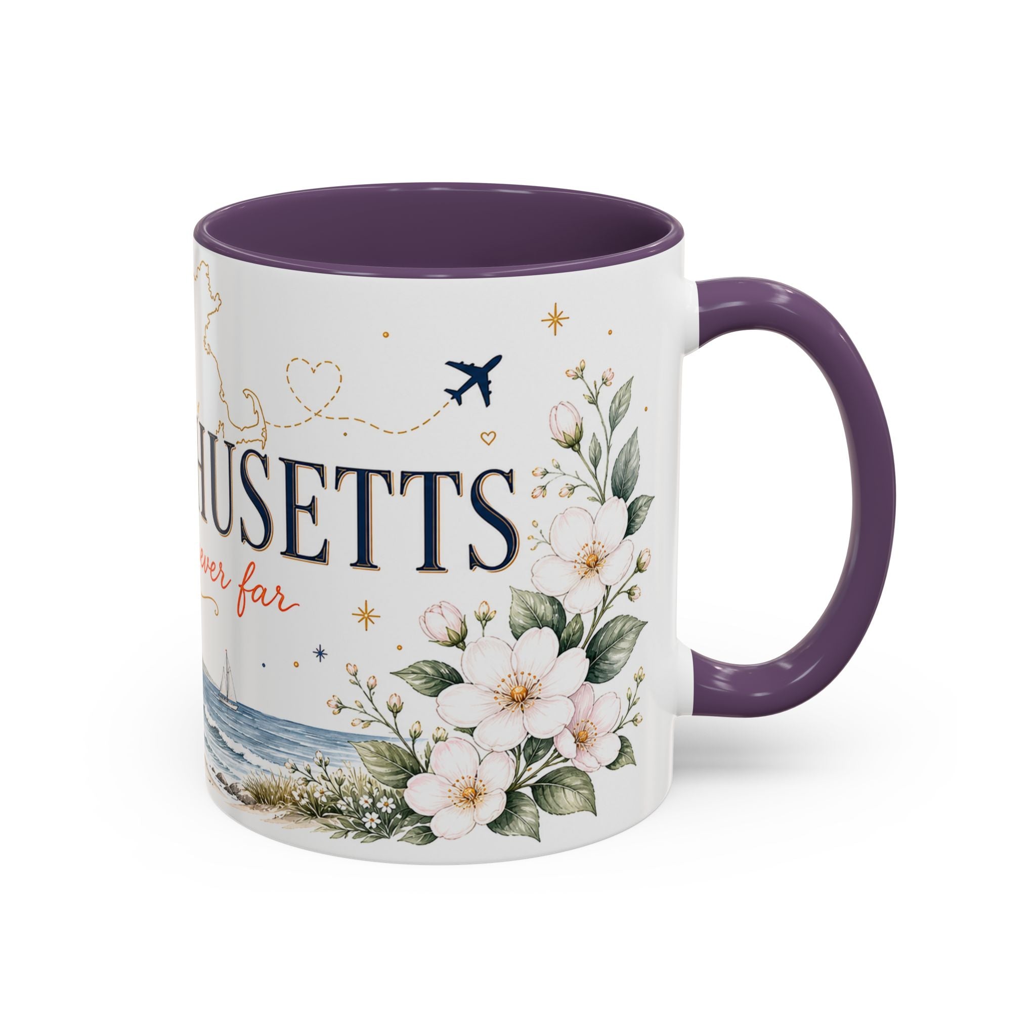 Massachusetts State Map Mug | Coastal Scene, Botanical Accents (11oz, 15oz)