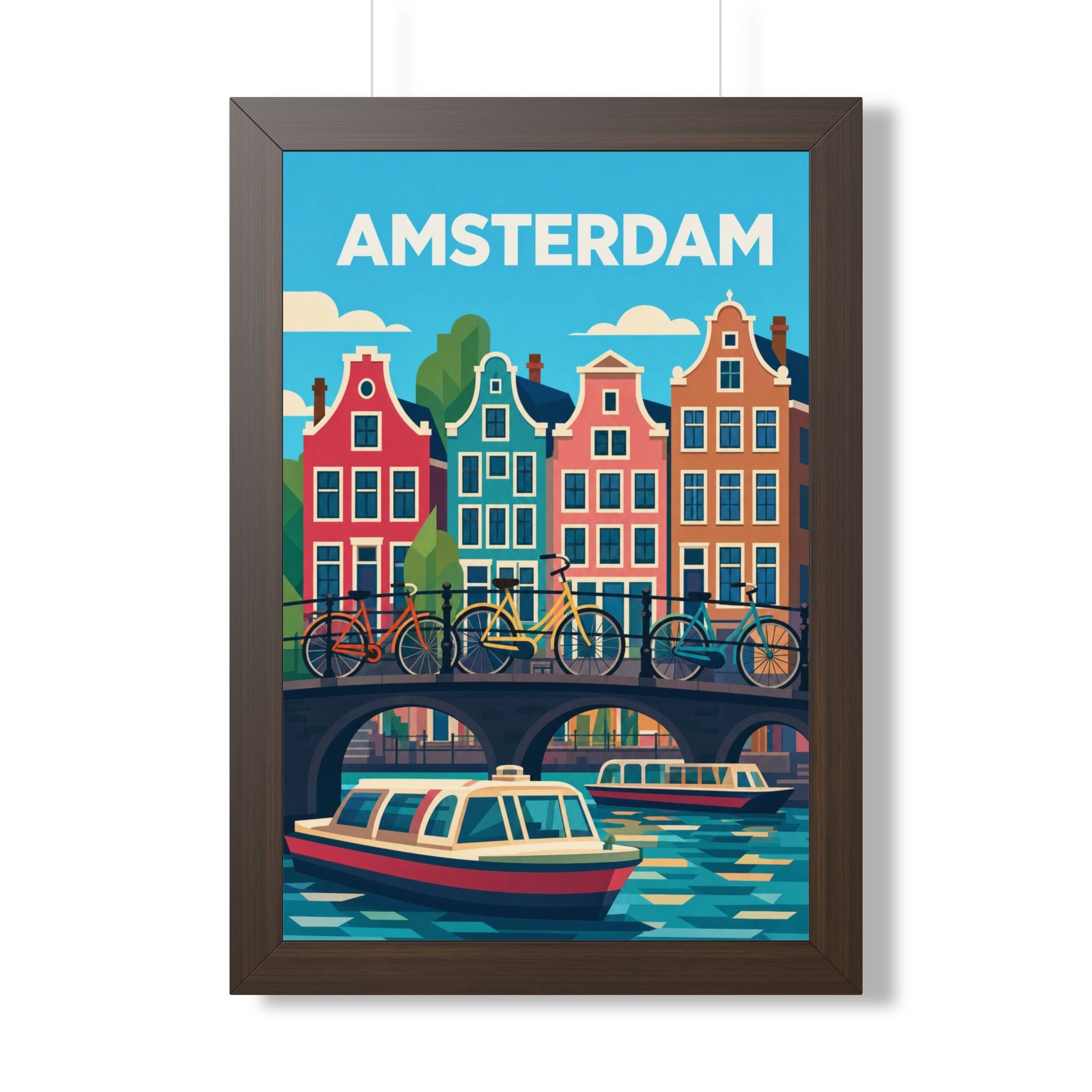 Amsterdam Netherlands Framed Poster | Vintage Travel Wall Art | Black Walnut White Frame | 16x24 20x30