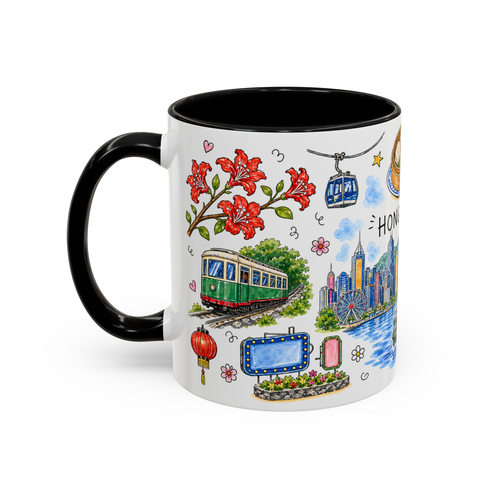 Hong Kong Illustrated Travel Mug | City Souvenir Accent Coffee Mug | 11oz 15oz Ceramic Cup