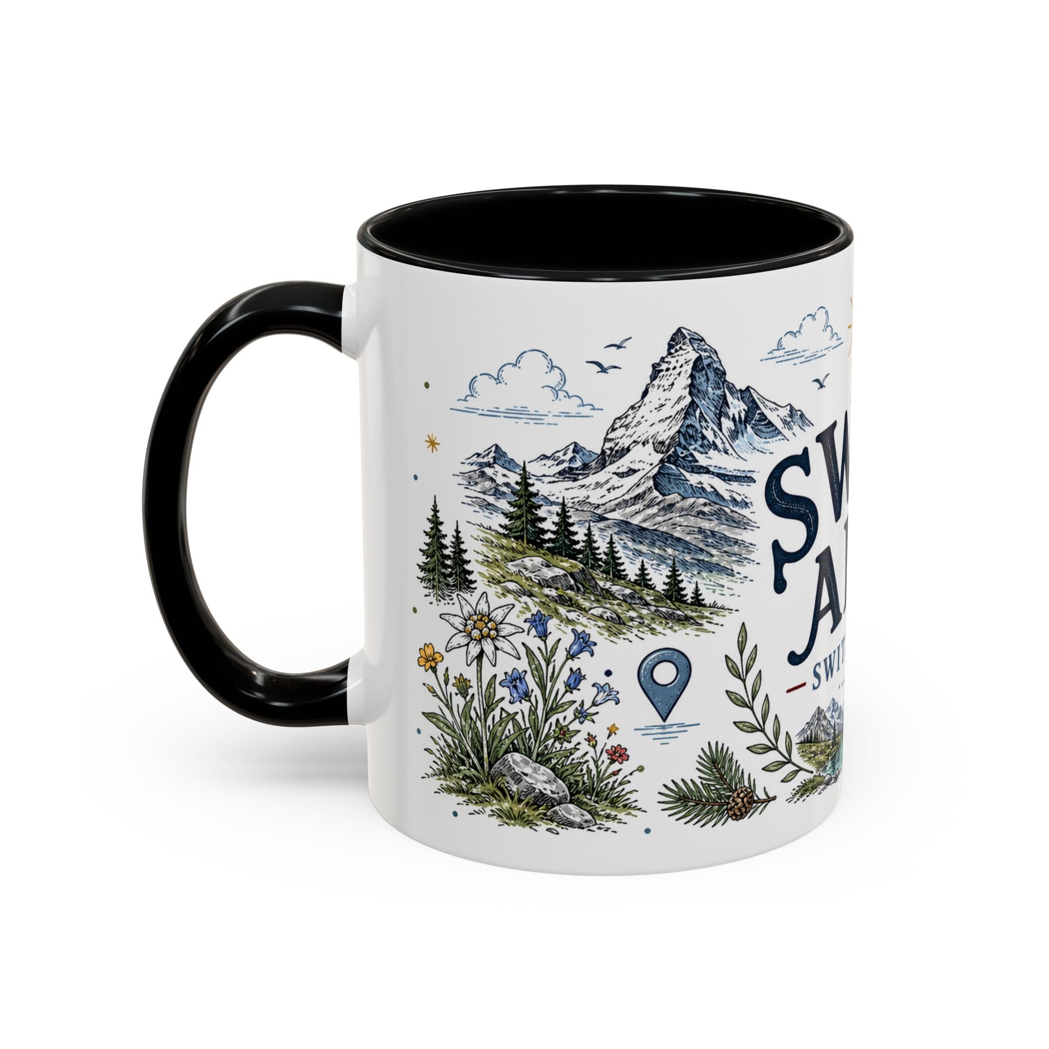 Swiss Alps Coffee Mug | Travel Destination Souvenir Gift | Accent Color Ceramic 11oz 15oz