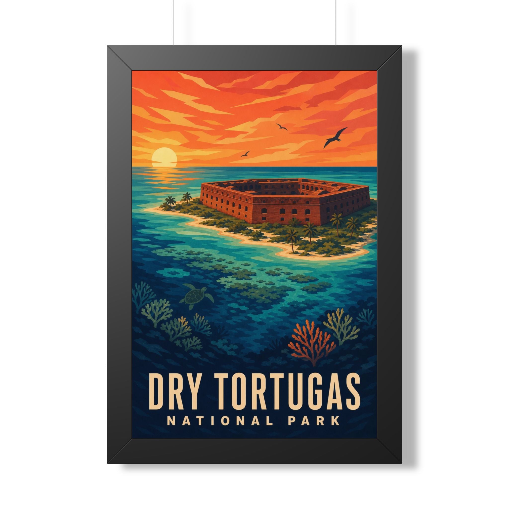 Dry Tortugas National Park Framed Poster | Vintage Travel Wall Art | Black Walnut White Frame | 16x24 20x30