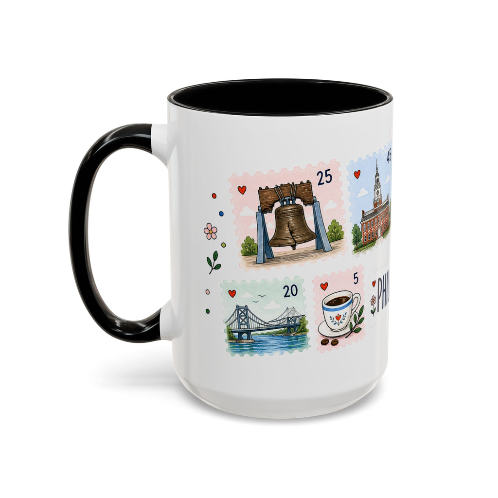 Philadelphia Coffee Mug | Postage Stamp Collage Mug | Travel Souvenir Accent Cup 11oz 15oz