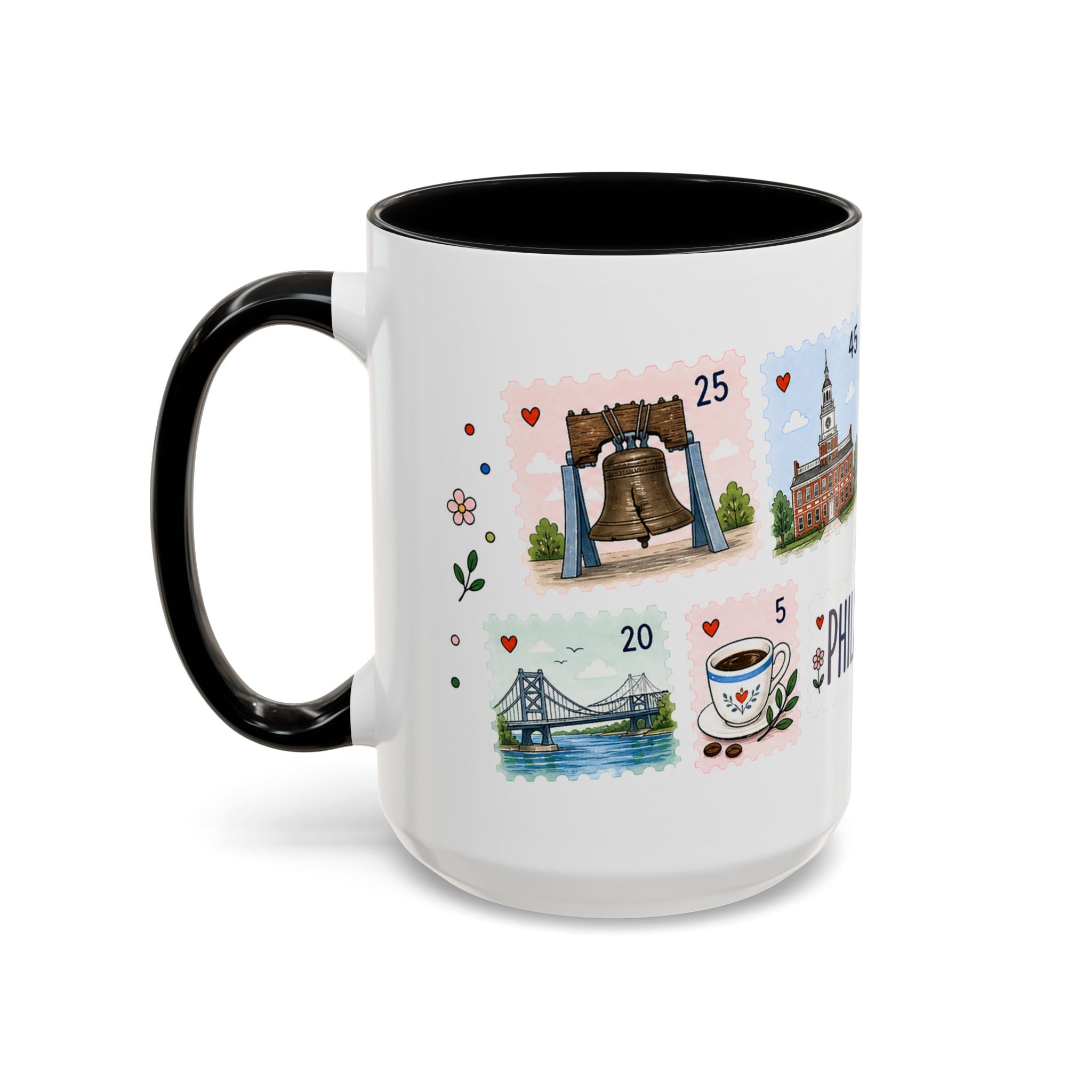 Philadelphia Coffee Mug | Postage Stamp Collage Mug | Travel Souvenir Accent Cup 11oz 15oz