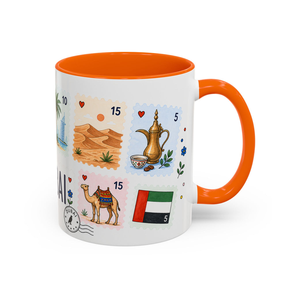 Dubai Coffee Mug | Postage Stamp Collage Mug | Travel Souvenir Accent Cup 11oz 15oz