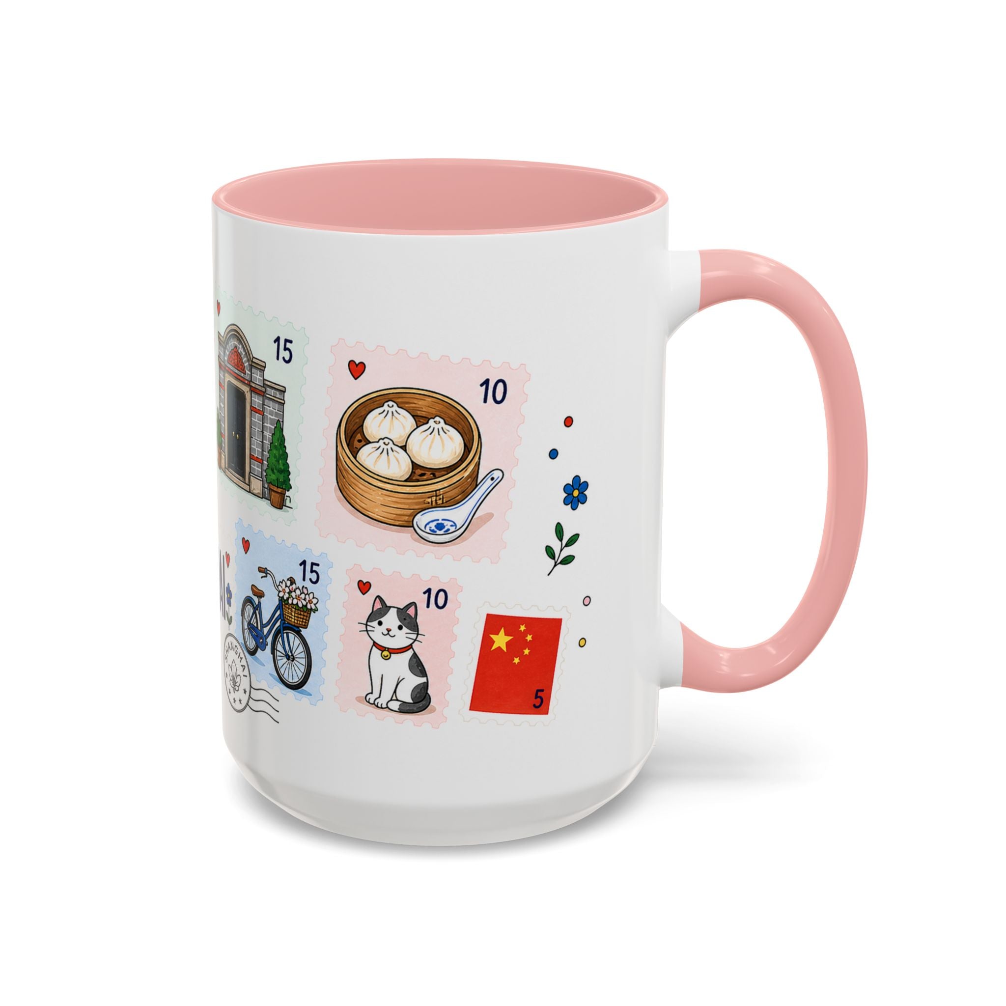 Shanghai Coffee Mug | Postage Stamp Collage Mug | Travel Souvenir Accent Cup 11oz 15oz