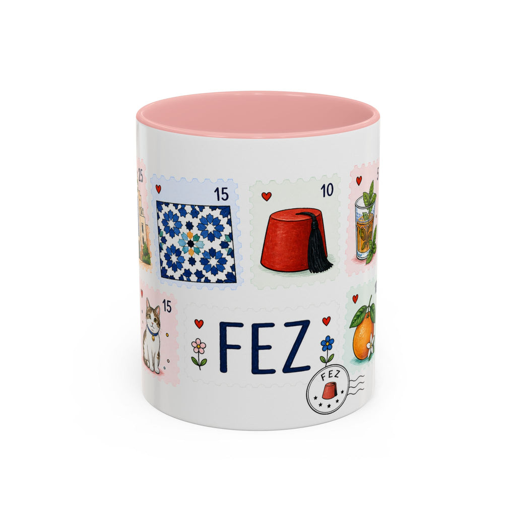 Fez Coffee Mug | Postage Stamp Collage Mug | Travel Souvenir Accent Cup 11oz 15oz