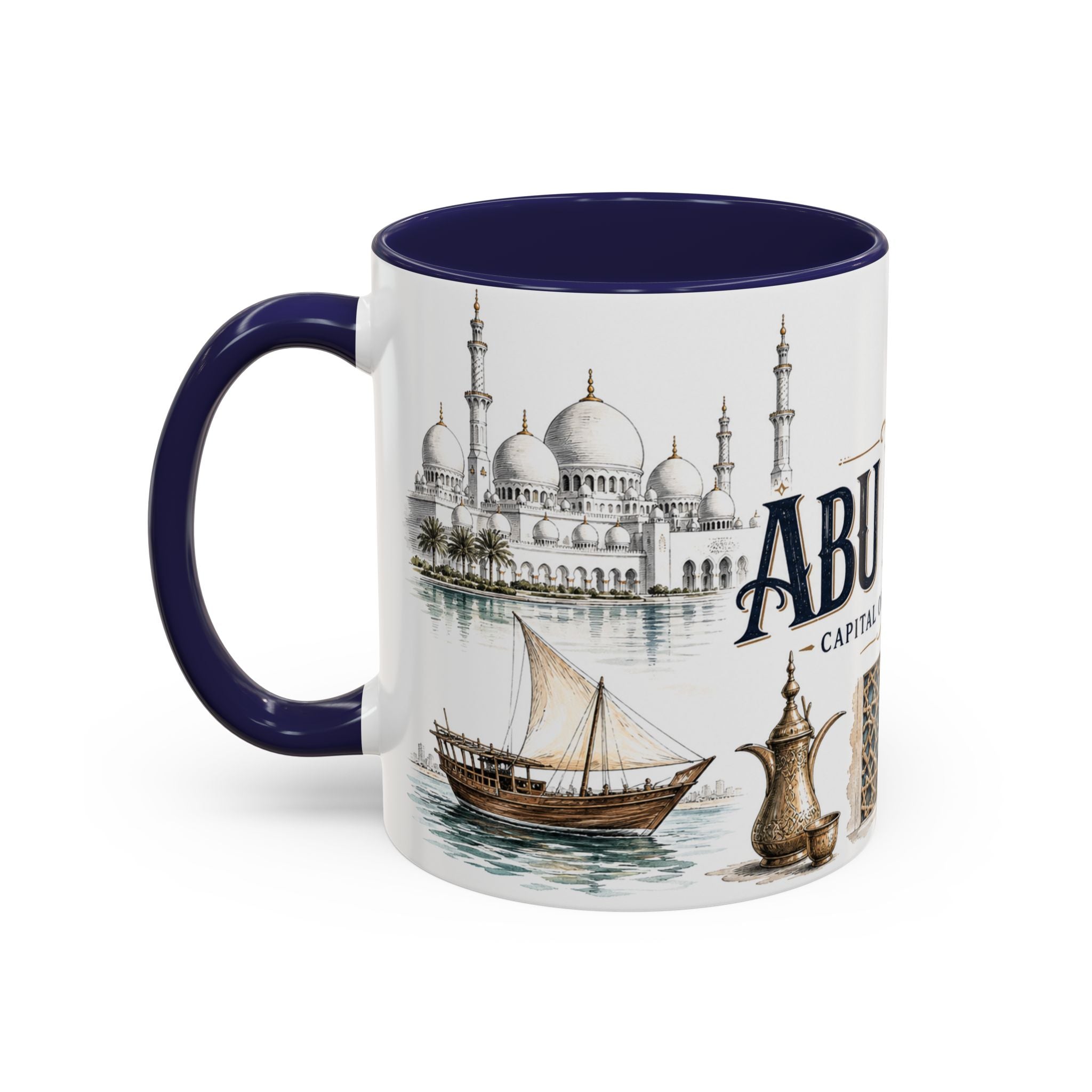 Abu Dhabi Coffee Mug | United Arab Emirates Travel Souvenir | Vintage Illustrated City Gift | 11 oz 15 oz Accent Mug