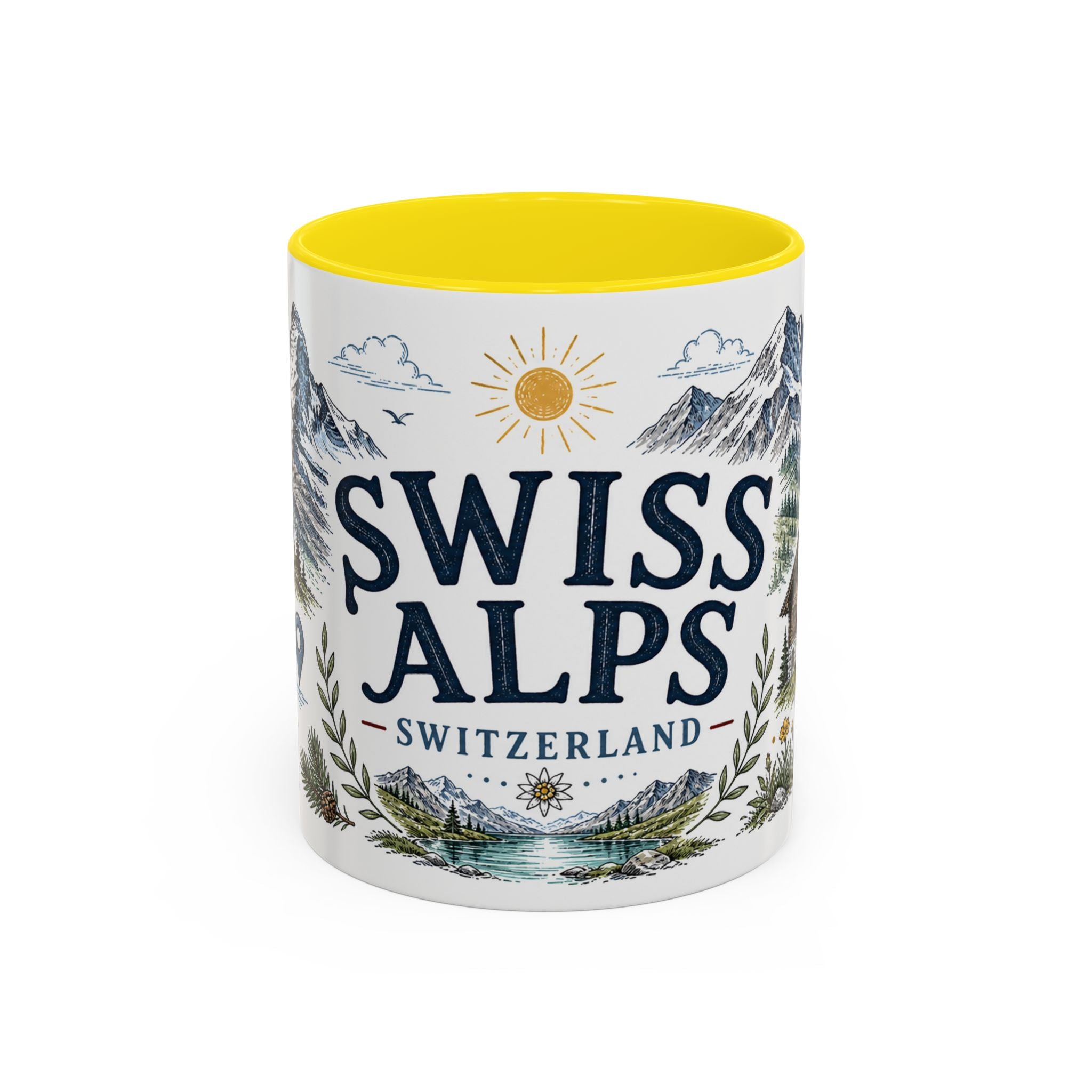 Swiss Alps Coffee Mug | Travel Destination Souvenir Gift | Accent Color Ceramic 11oz 15oz