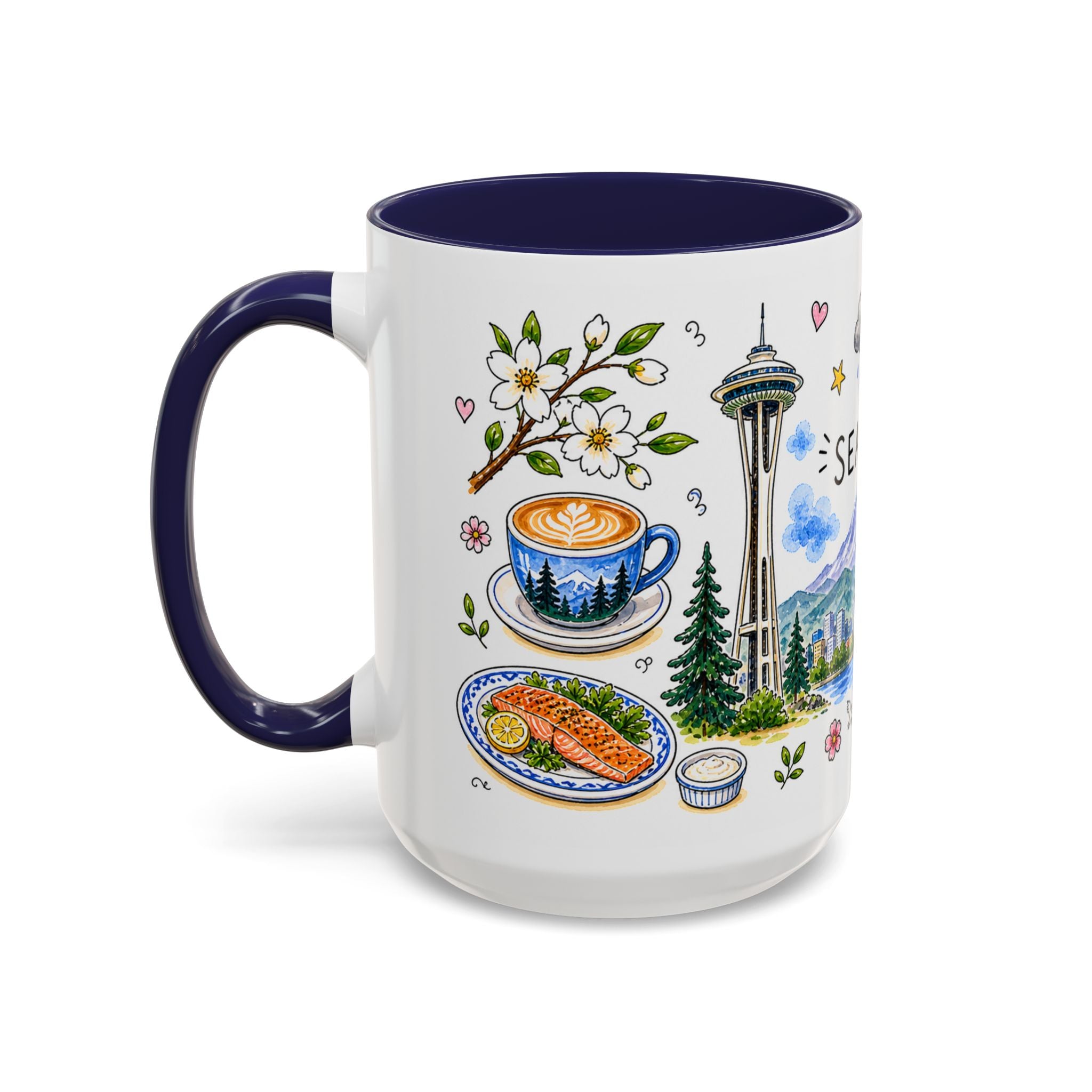 Seattle Illustrated Travel Mug | City Souvenir Accent Coffee Mug | 11oz 15oz Ceramic Cup