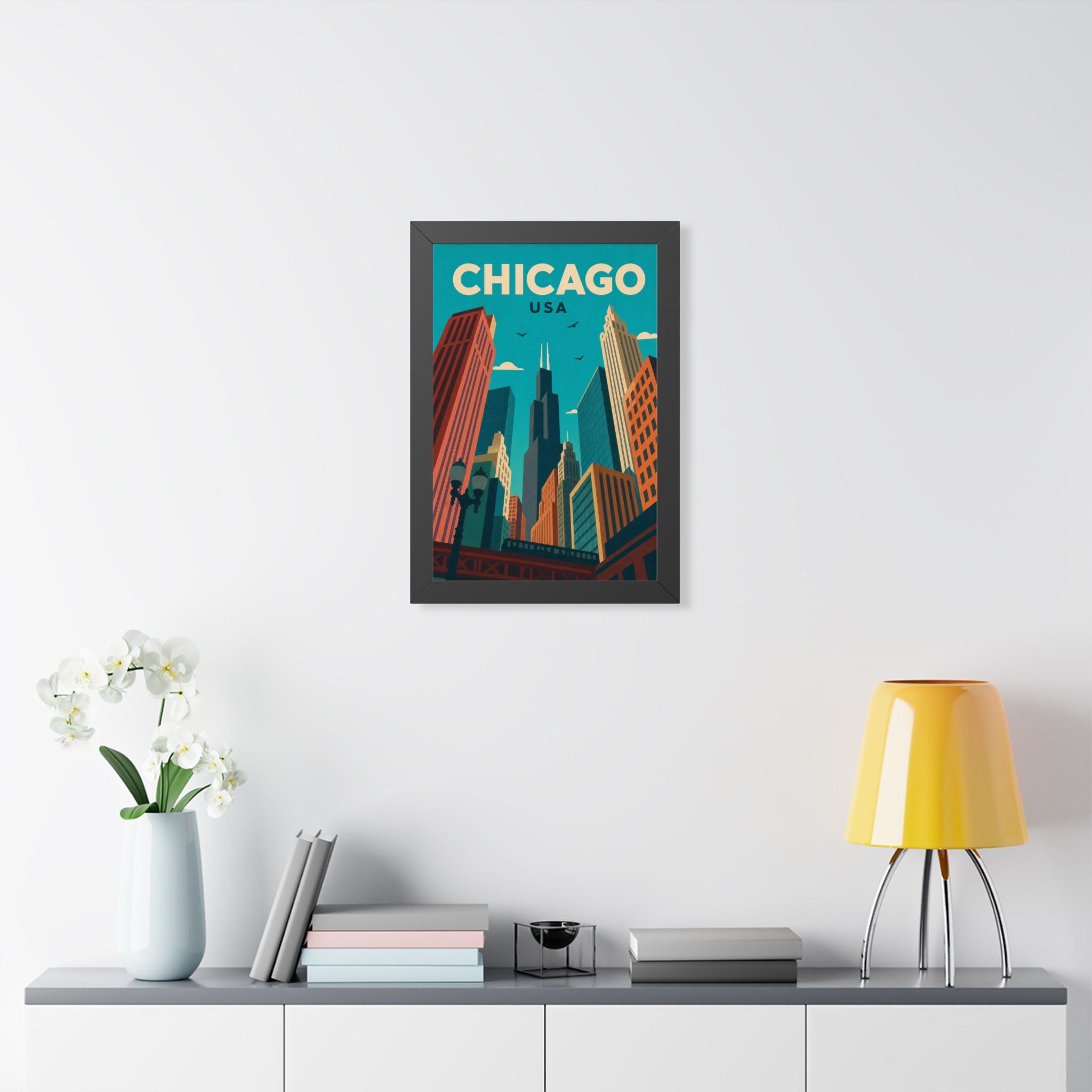 Chicago Downtown United States Framed Poster | Vintage Travel Wall Art | Black Walnut White Frame | 16x24 20x30