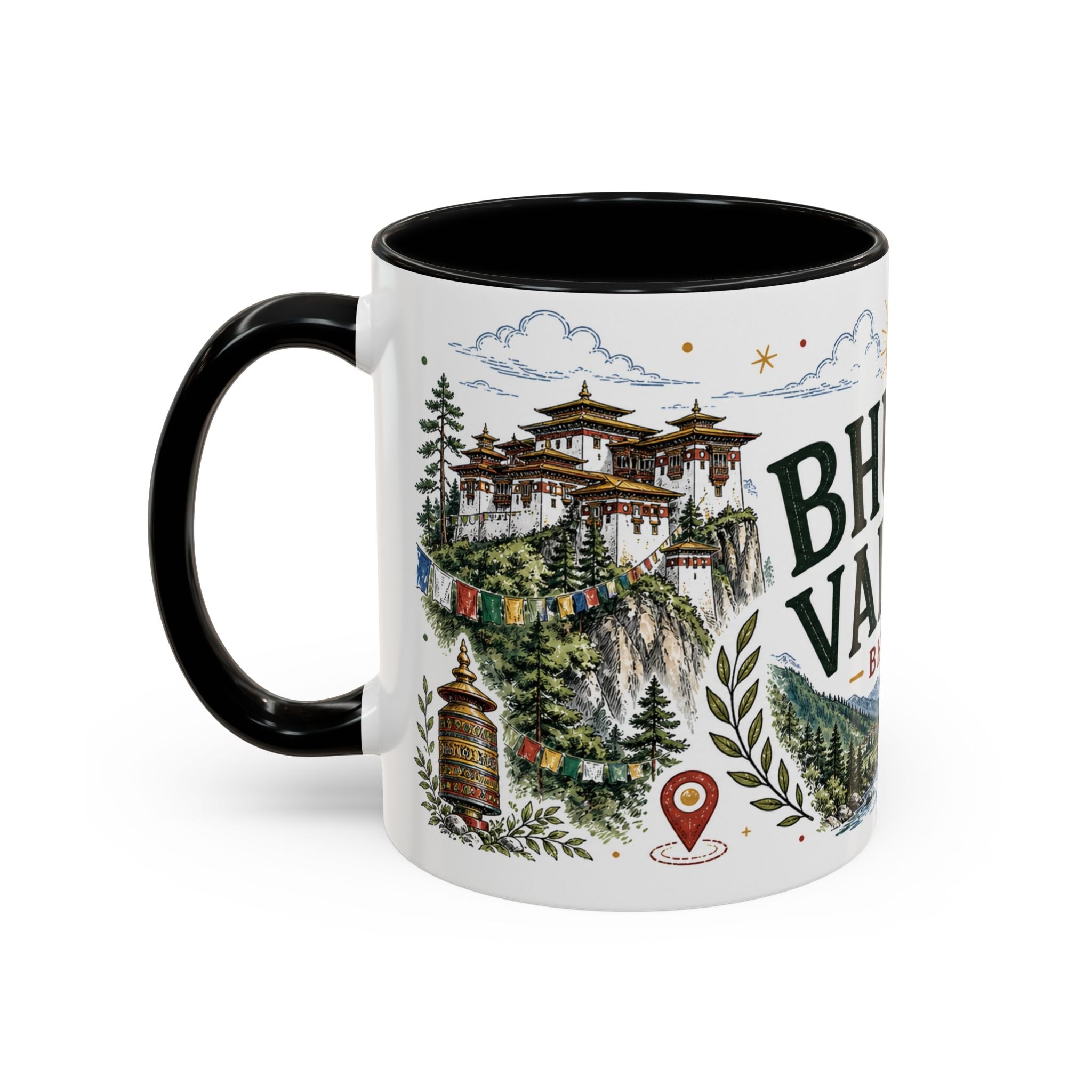 Bhutan Valleys Coffee Mug | Travel Destination Souvenir Gift | Accent Color Ceramic 11oz 15oz