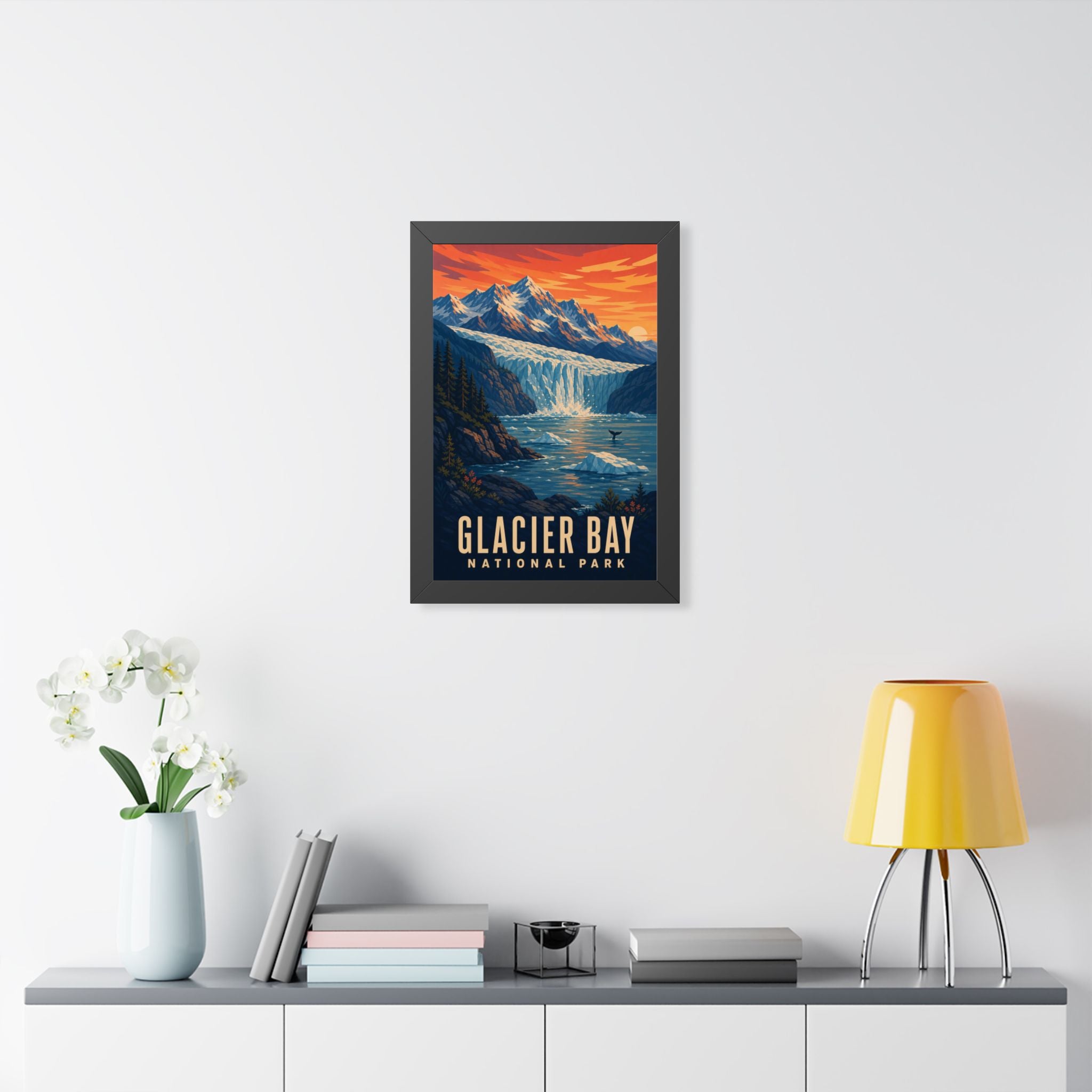 Glacier Bay National Park Framed Poster | Vintage Travel Wall Art | Black Walnut White Frame | 16x24 20x30