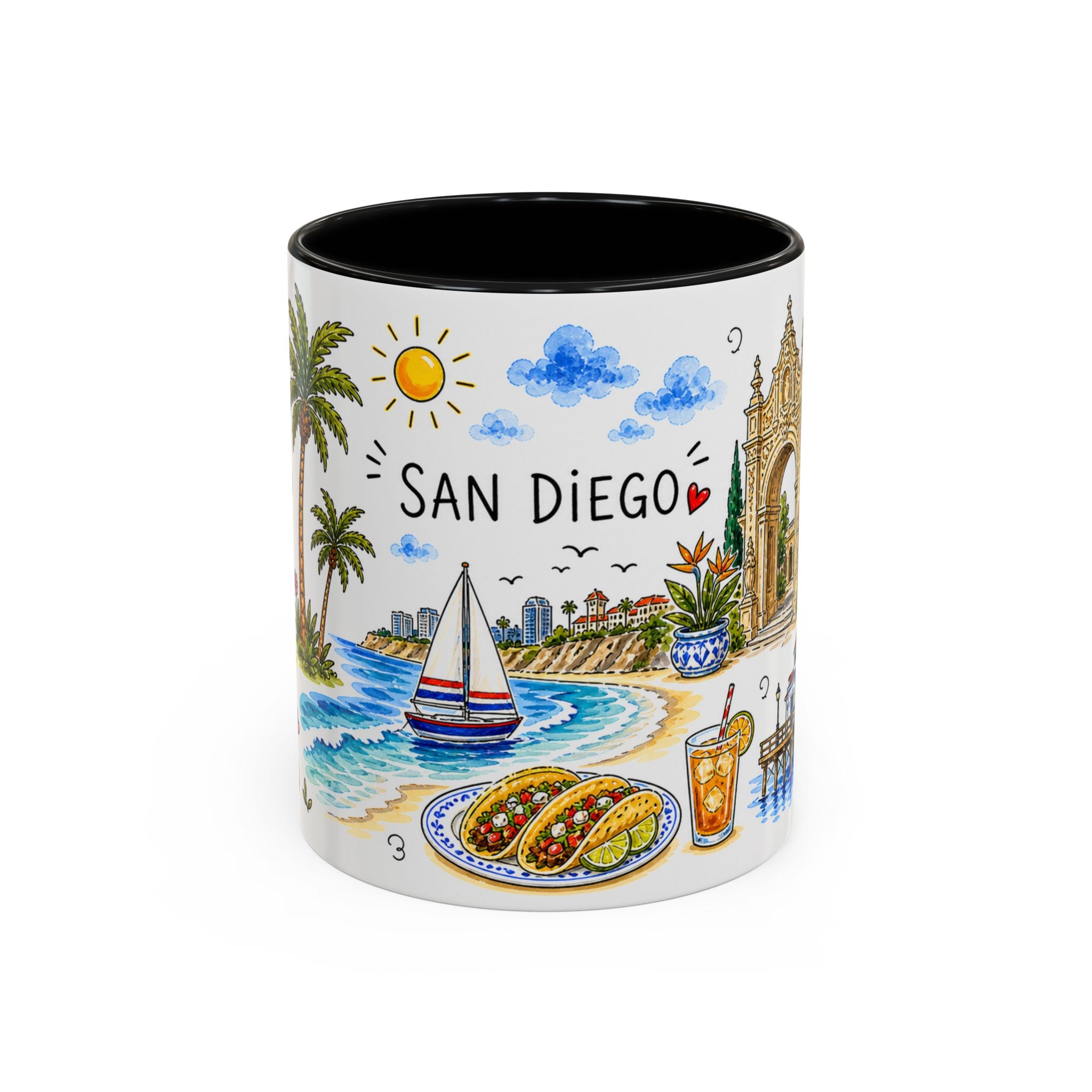 San Diego Illustrated Travel Mug | City Souvenir Accent Coffee Mug | 11oz 15oz Ceramic Cup