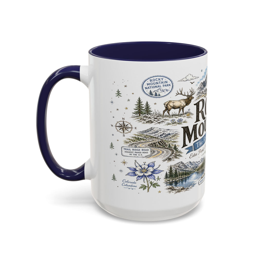 Rocky Mountain Coffee Mug | National Park Hiking Camping Gift | Accent Color Ceramic 11oz 15oz