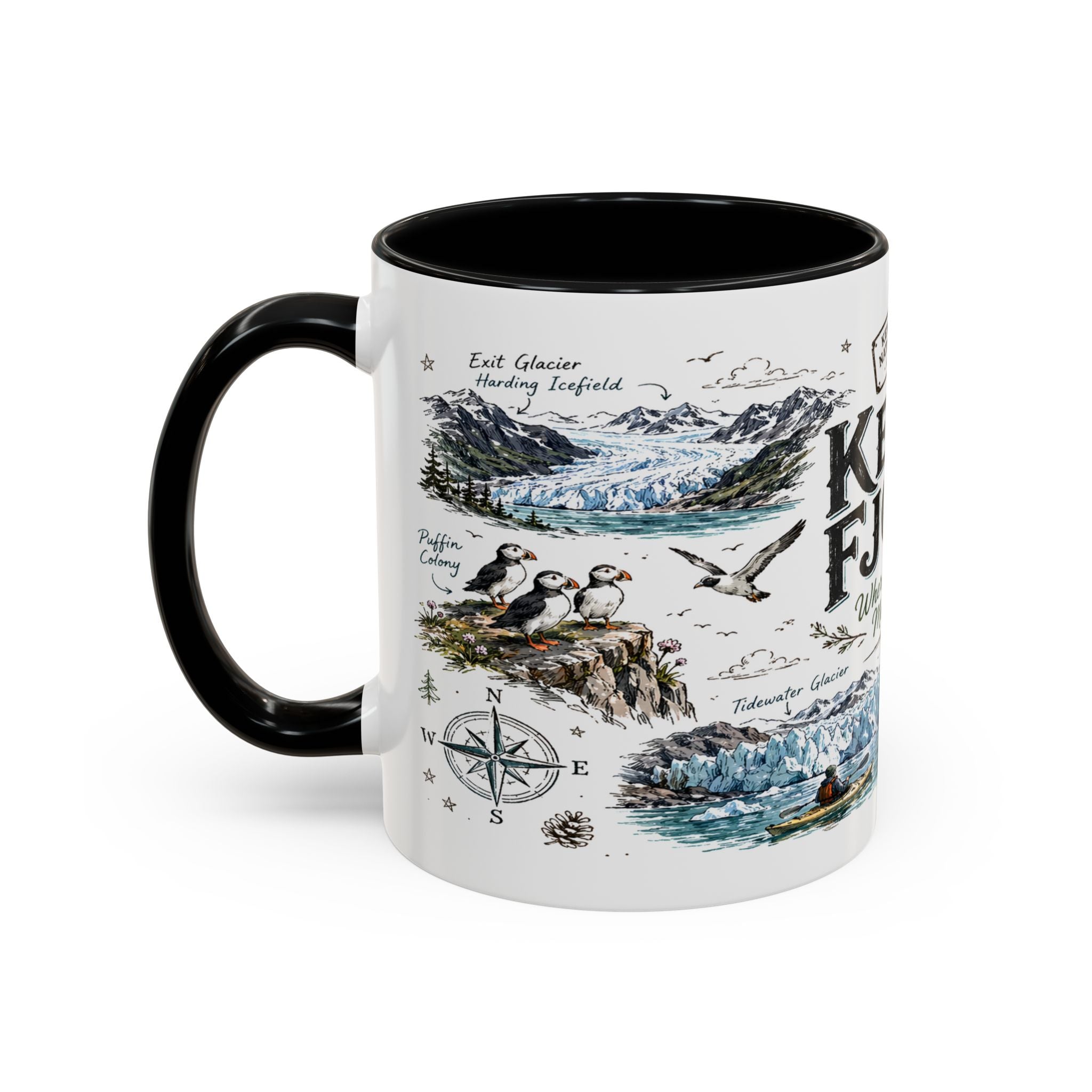Kenai Fjords National Park Coffee Mug | Alaska Coastal Wildlife Hiking Gift | Accent Color Ceramic 11oz 15oz