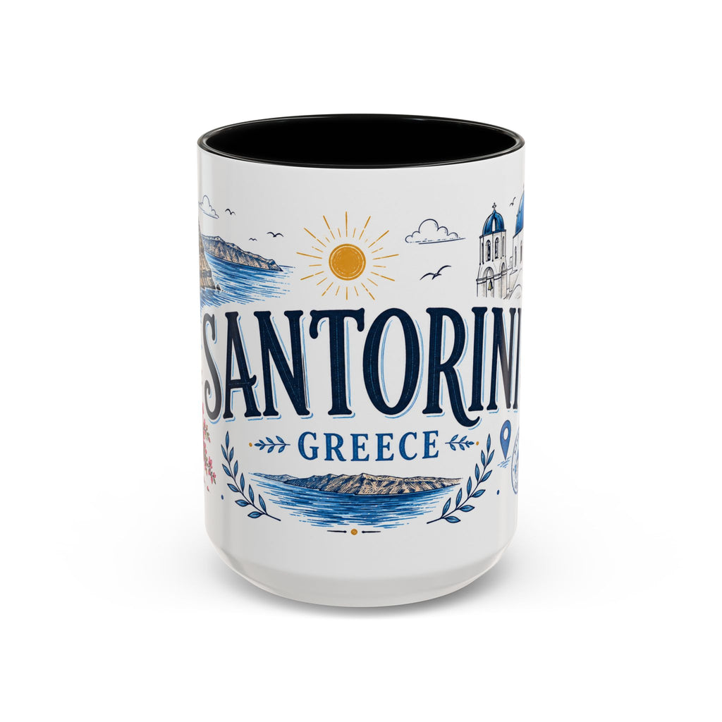 Santorini Coffee Mug | Travel Destination Souvenir Gift | Accent Color Ceramic 11oz 15oz
