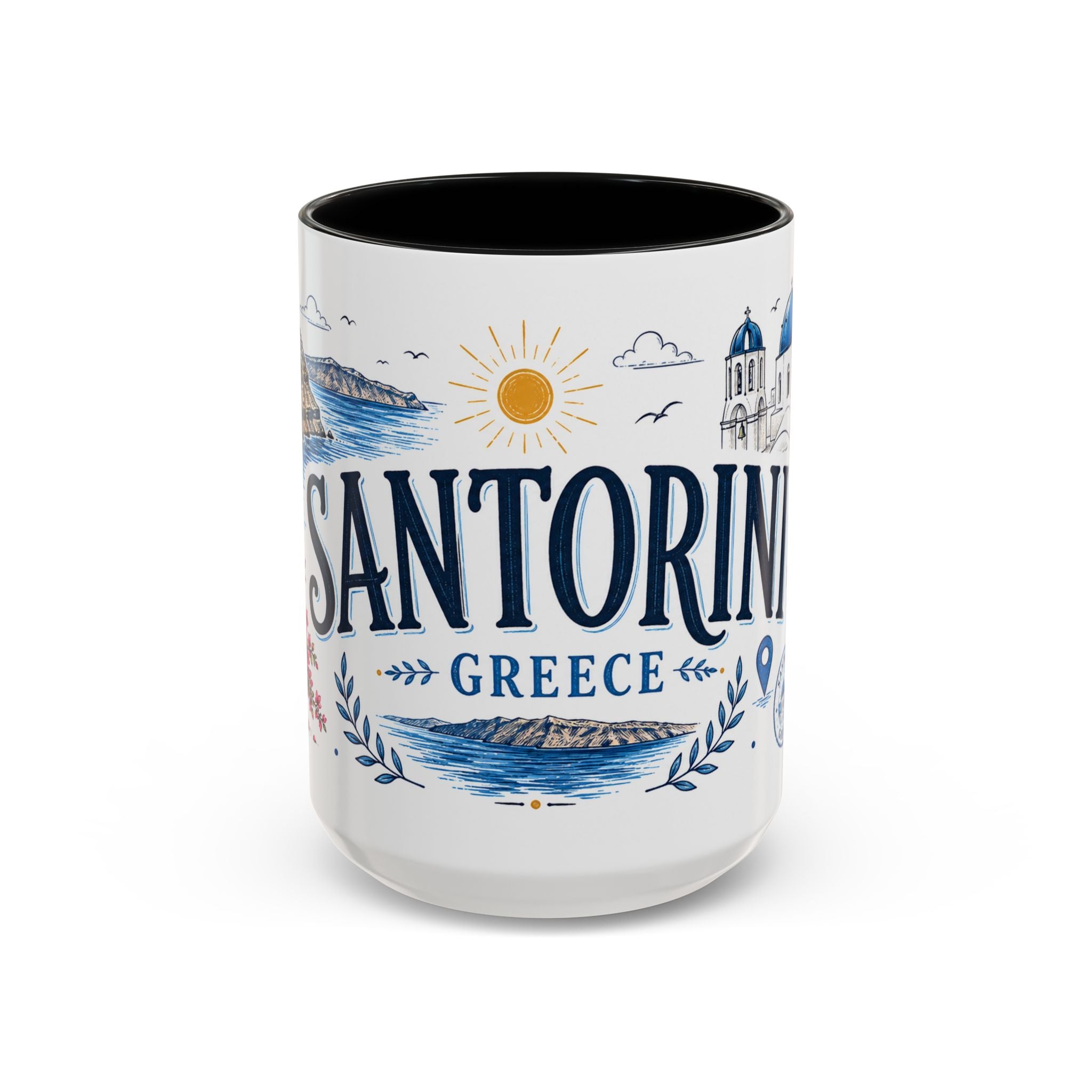 Santorini Coffee Mug | Travel Destination Souvenir Gift | Accent Color Ceramic 11oz 15oz