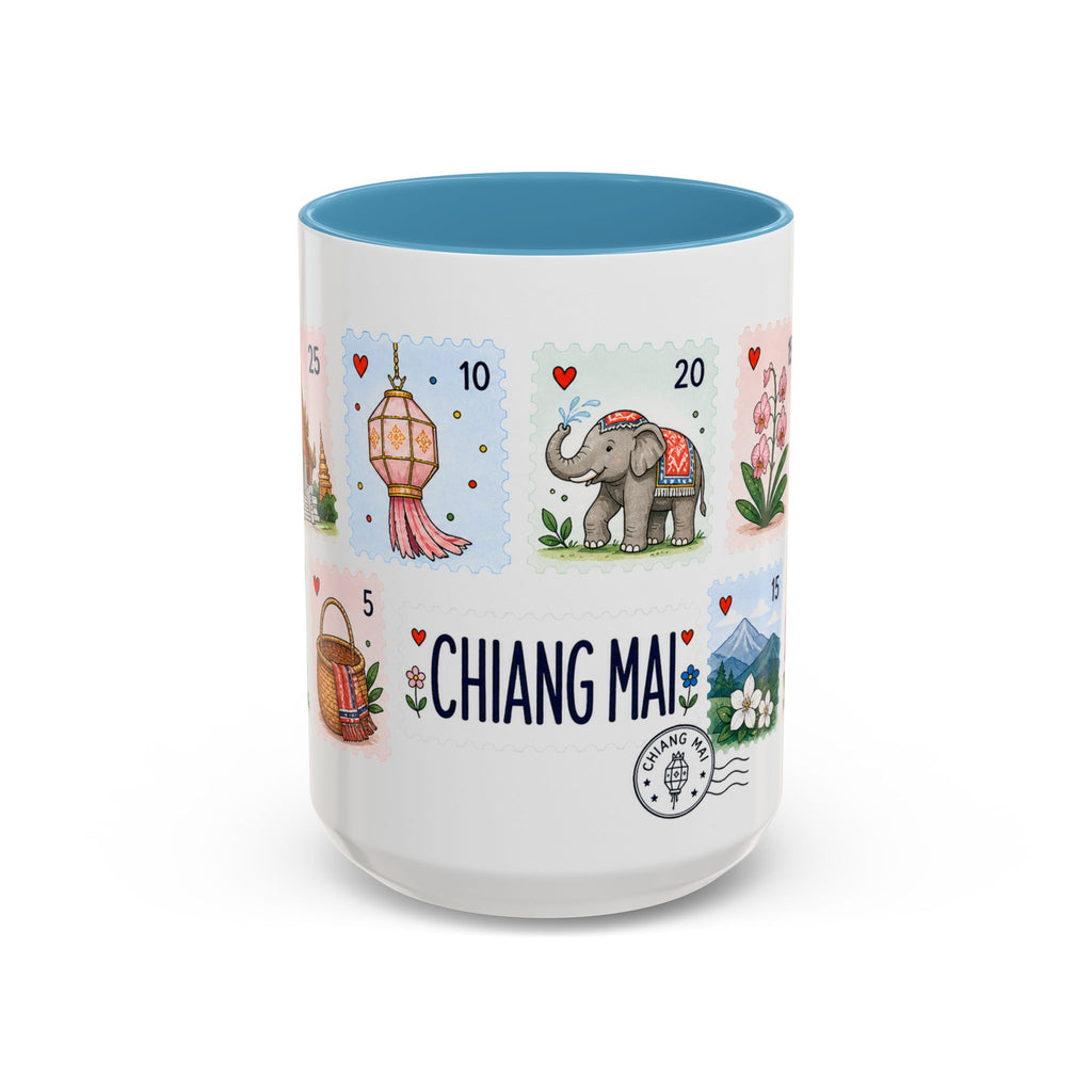 Chiang Mai Coffee Mug | Postage Stamp Collage Mug | Travel Souvenir Accent Cup 11oz 15oz