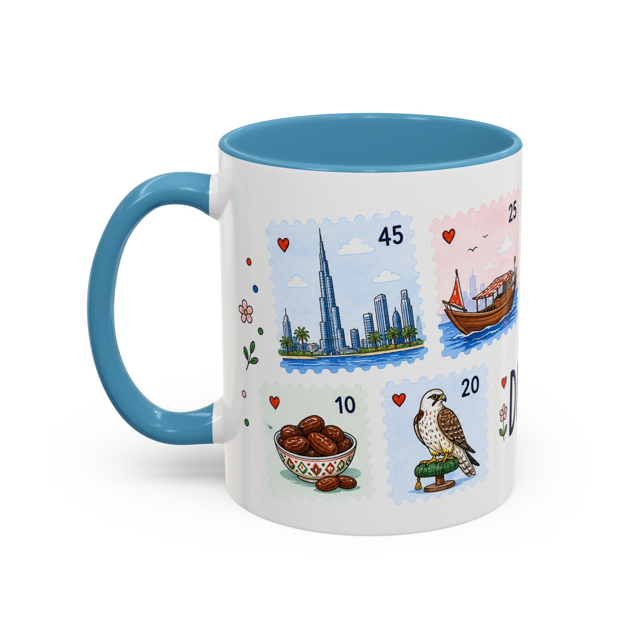 Dubai Coffee Mug | Postage Stamp Collage Mug | Travel Souvenir Accent Cup 11oz 15oz