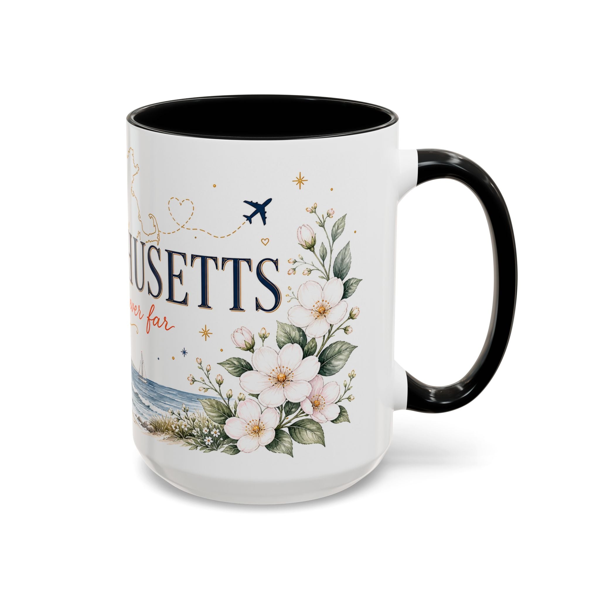 Massachusetts State Map Mug | Coastal Scene, Botanical Accents (11oz, 15oz)