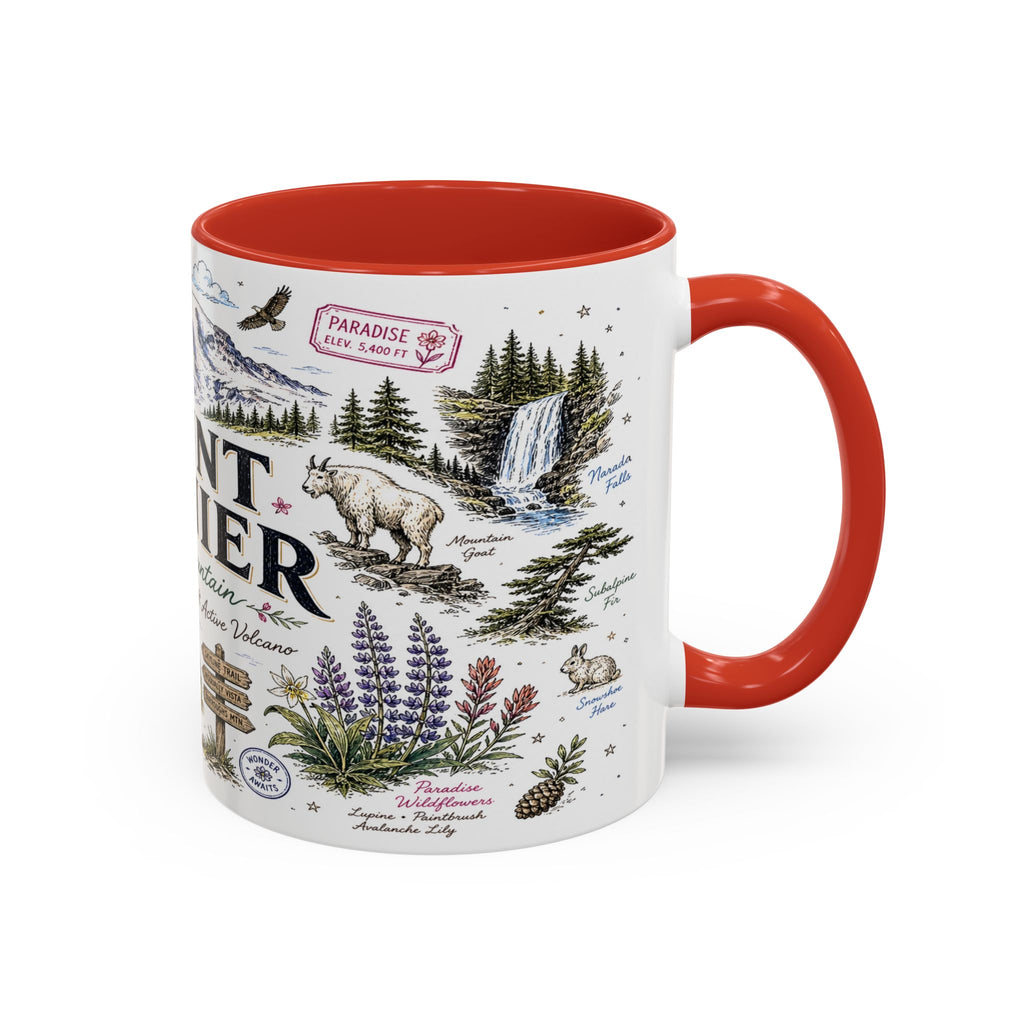 Mount Rainier Coffee Mug | National Park Hiking Washington Gift | Accent Color Ceramic 11oz 15oz
