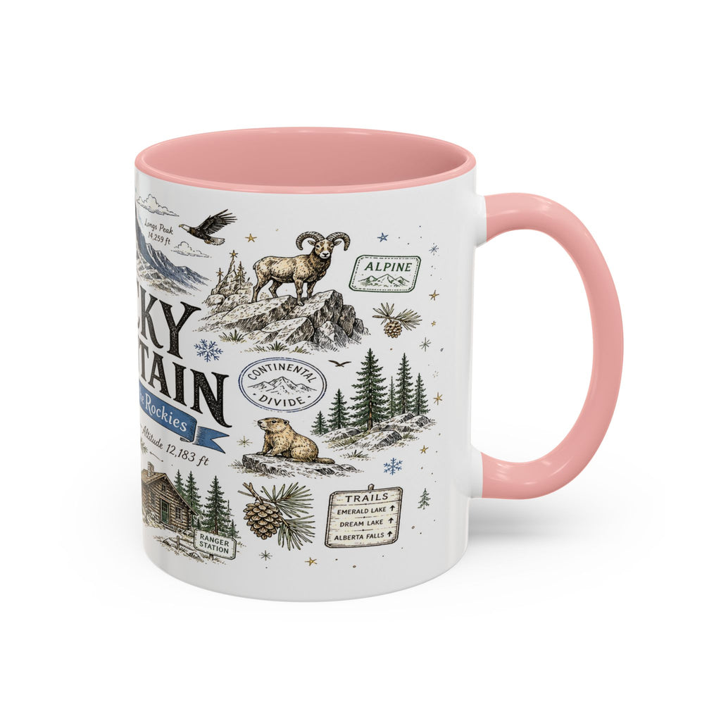 Rocky Mountain Coffee Mug | National Park Hiking Camping Gift | Accent Color Ceramic 11oz 15oz