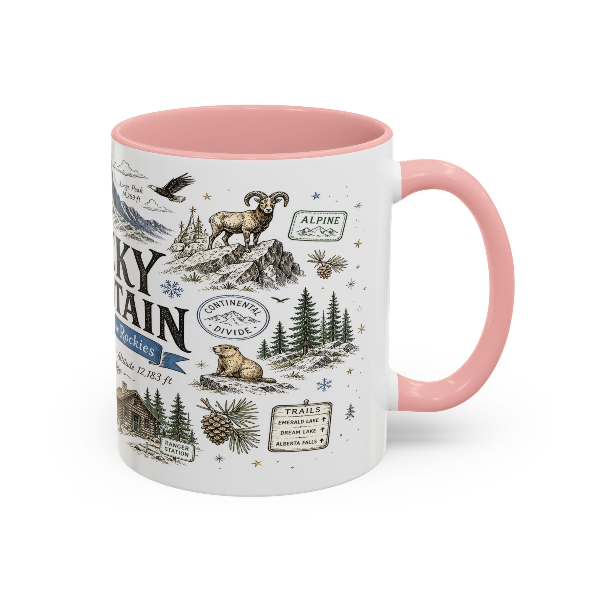 Rocky Mountain Coffee Mug | National Park Hiking Camping Gift | Accent Color Ceramic 11oz 15oz