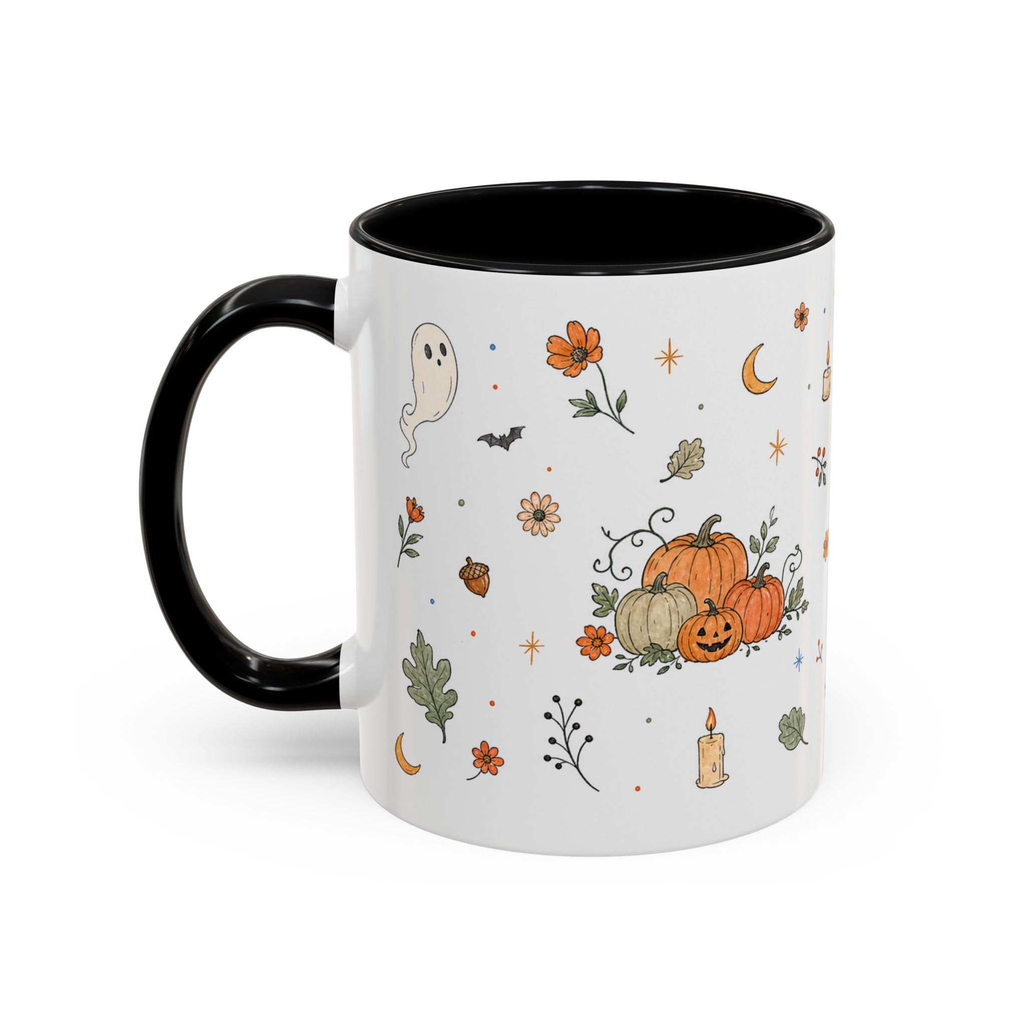 Floral Pumpkin Halloween Mug | Friendly Ghost Watercolor Gift | Accent Cup 11oz 15oz