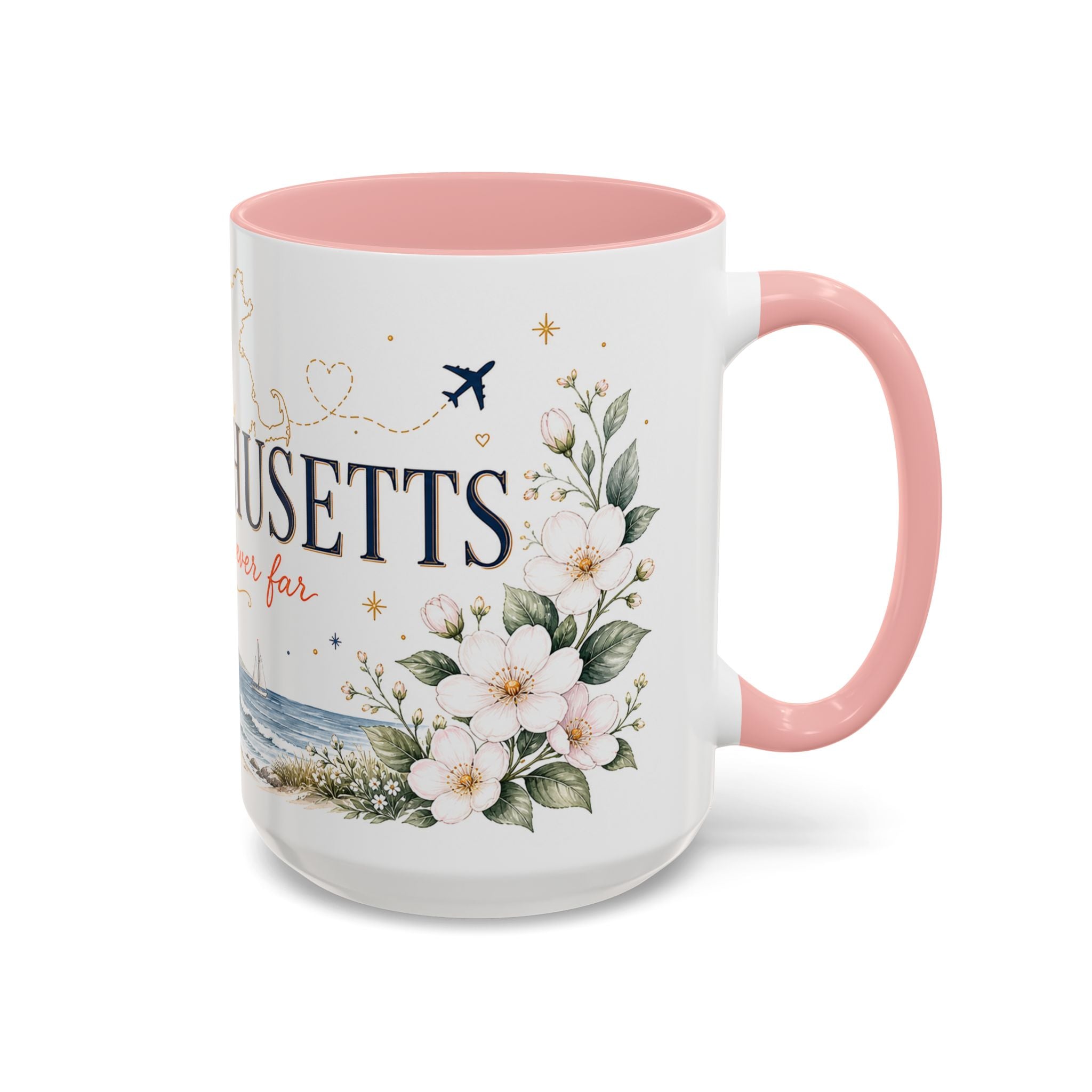 Massachusetts State Map Mug | Coastal Scene, Botanical Accents (11oz, 15oz)