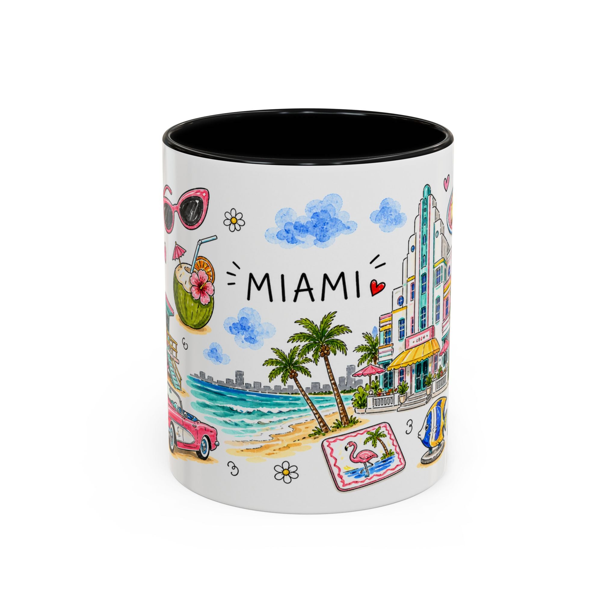 Miami Illustrated Travel Mug | City Souvenir Accent Coffee Mug | 11oz 15oz Ceramic Cup