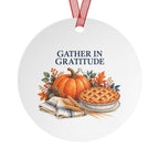 Back view of a round aluminum ornament with Thanksgiving artwork.