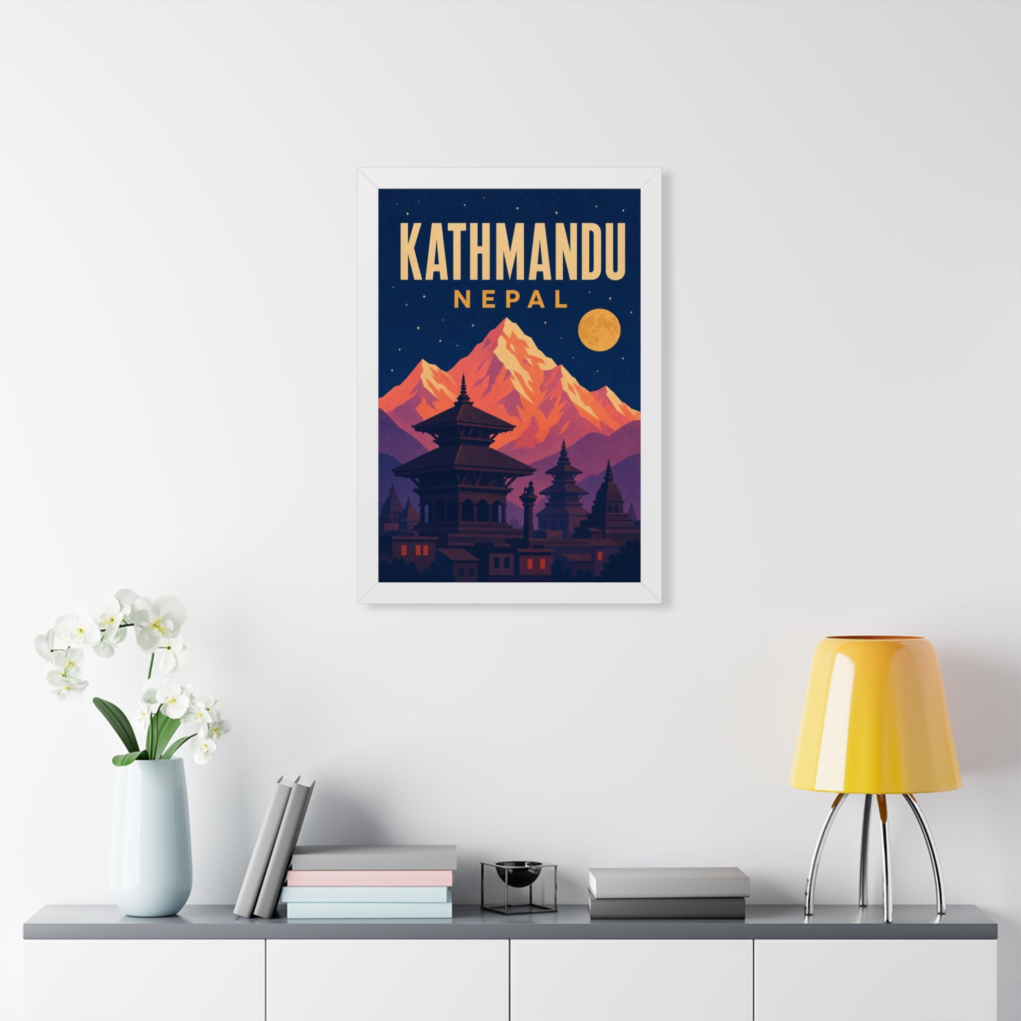 Kathmandu Nepal Framed Poster | Vintage Travel Wall Art | Black Walnut White Frame | 16x24 20x30