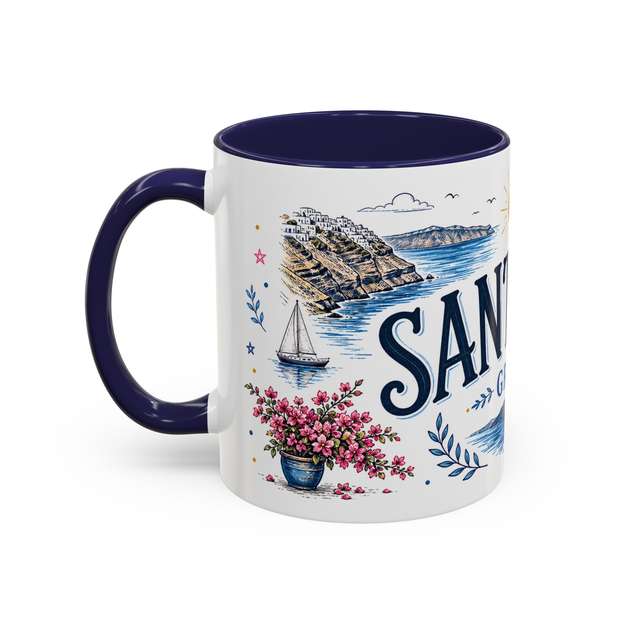 Santorini Coffee Mug | Travel Destination Souvenir Gift | Accent Color Ceramic 11oz 15oz